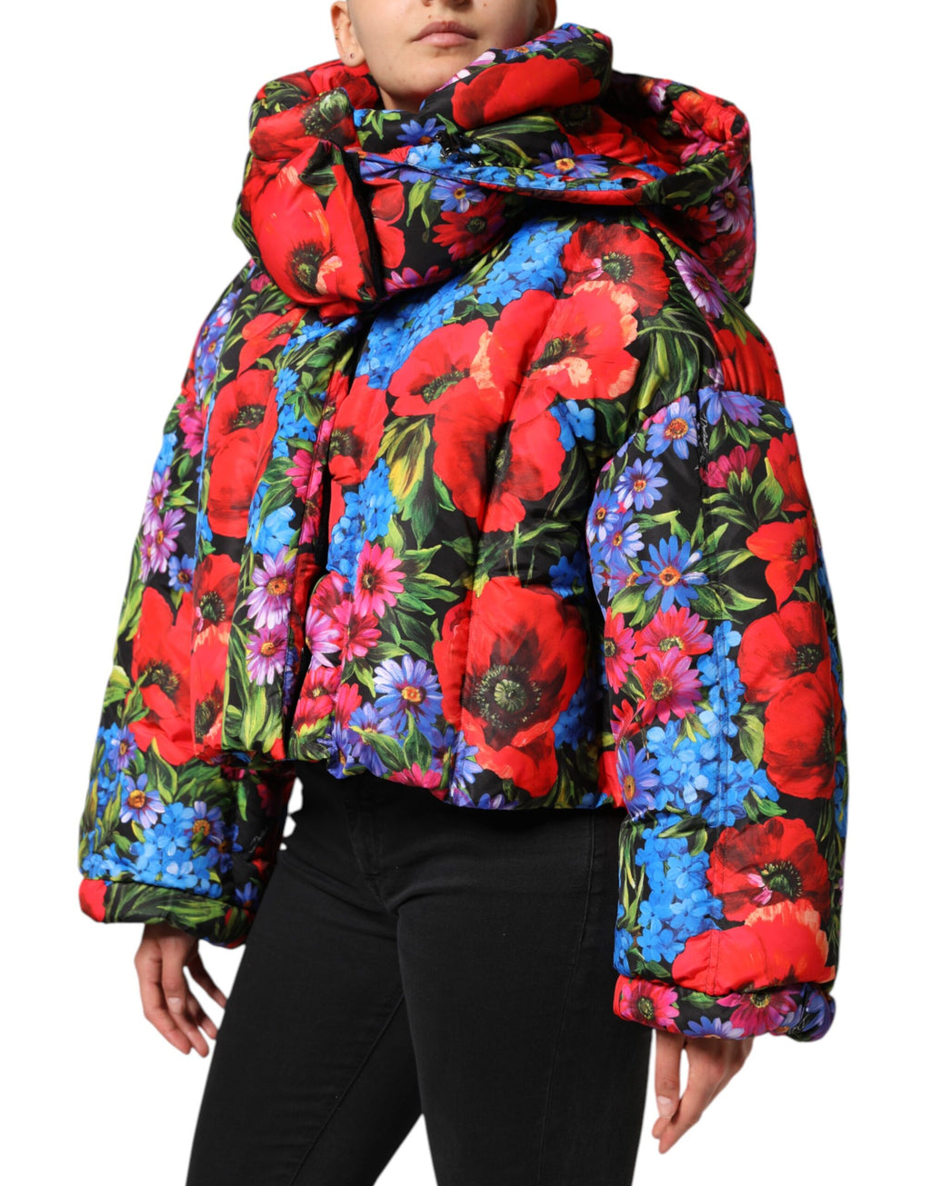 Doudoune à capuche Dolce & Gabbana avec motif floral multicolore, coupe rembourrée et tendance pour femmes.