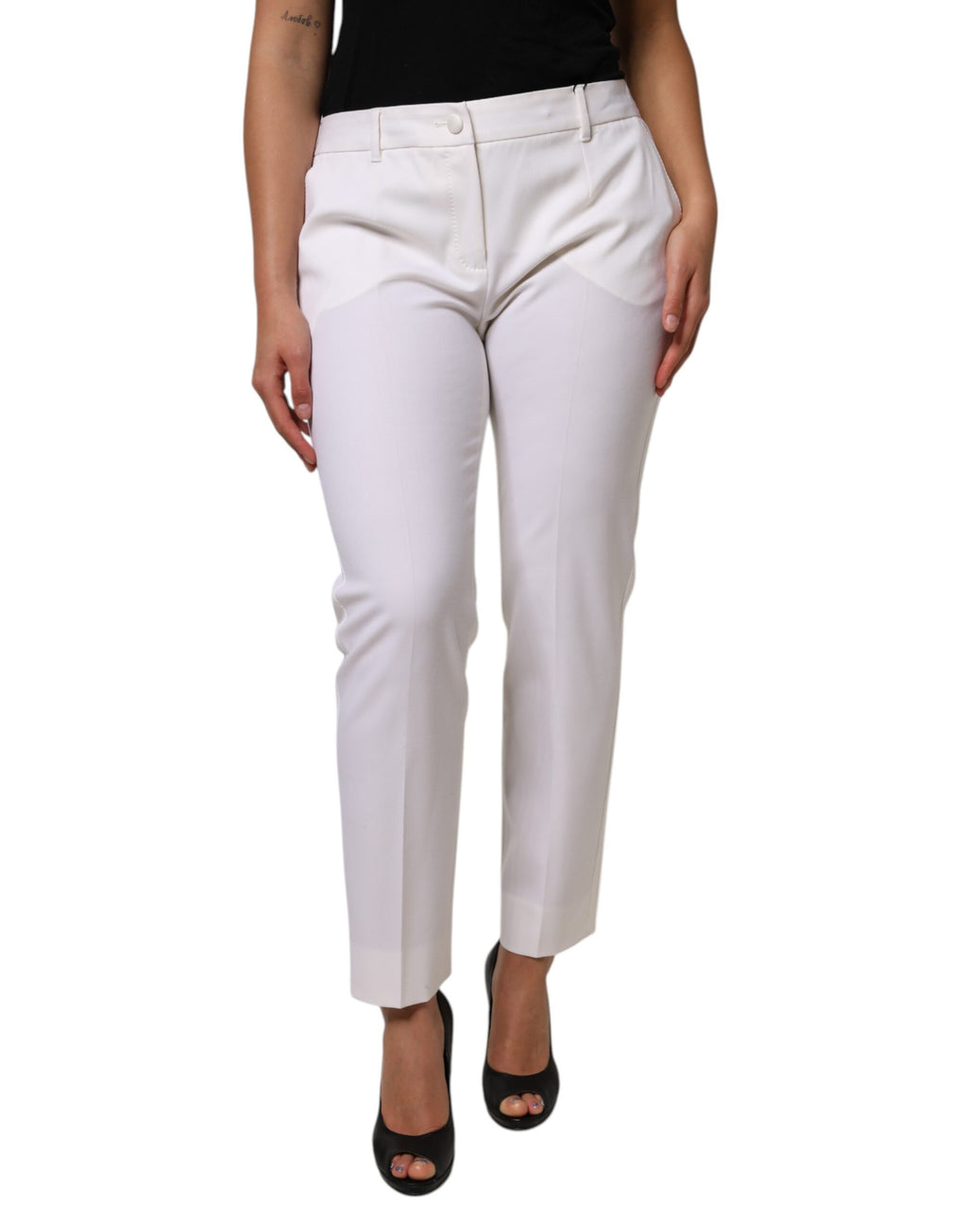 Pantalon blanc en laine Dolce & Gabbana, taille mi-haute, coupe tapered, vue de face, tissu élégant et sophistiqué.