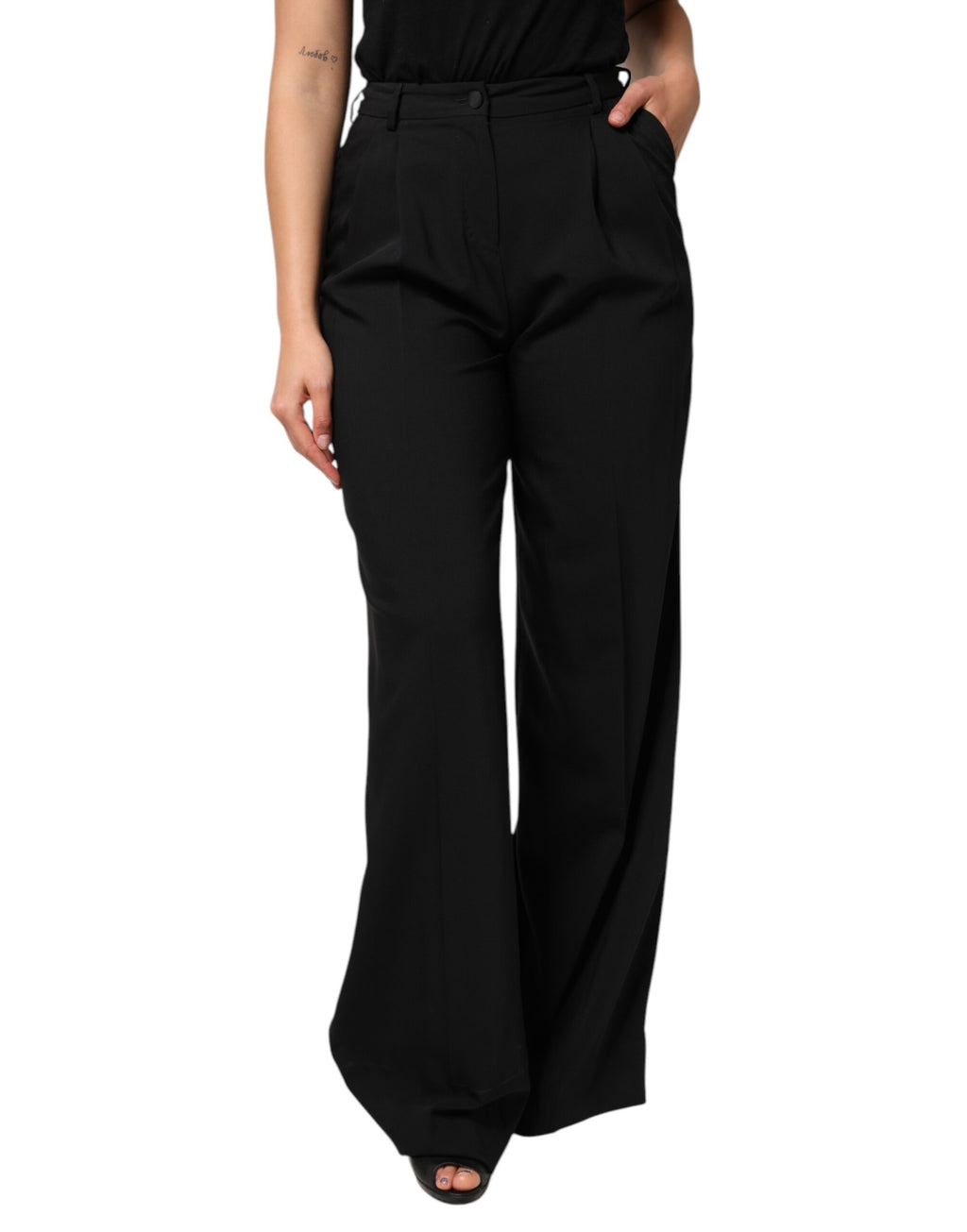 Pantalon noir en laine Dolce & Gabbana, taille haute, coupe large, élégant et sophistiqué pour femme.