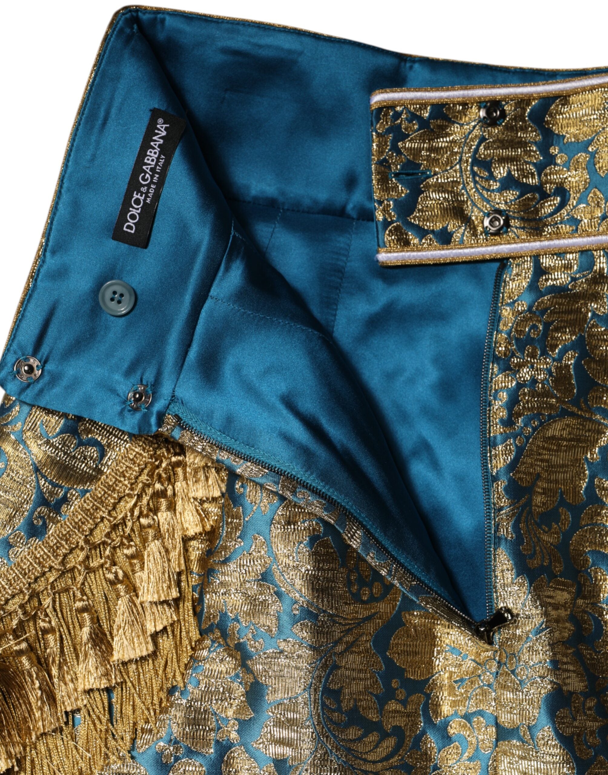 Mini jupe en jacquard floral bleu Dolce & Gabbana avec franges, élégante et tendance, vue de face.