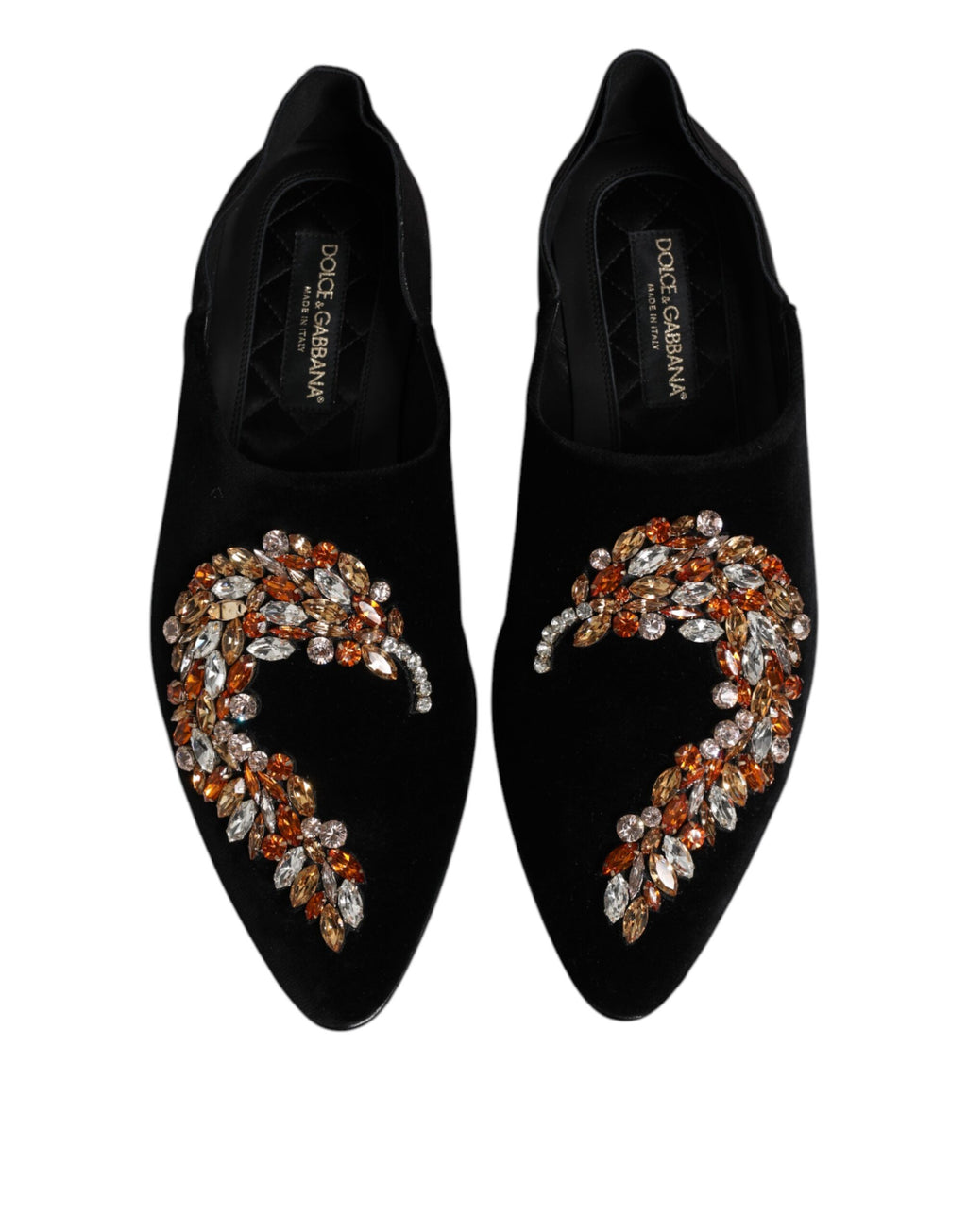Chaussures Dolce & Gabbana mocassins en velours noir avec embellissements, style slip-on élégants et sophistiqués.