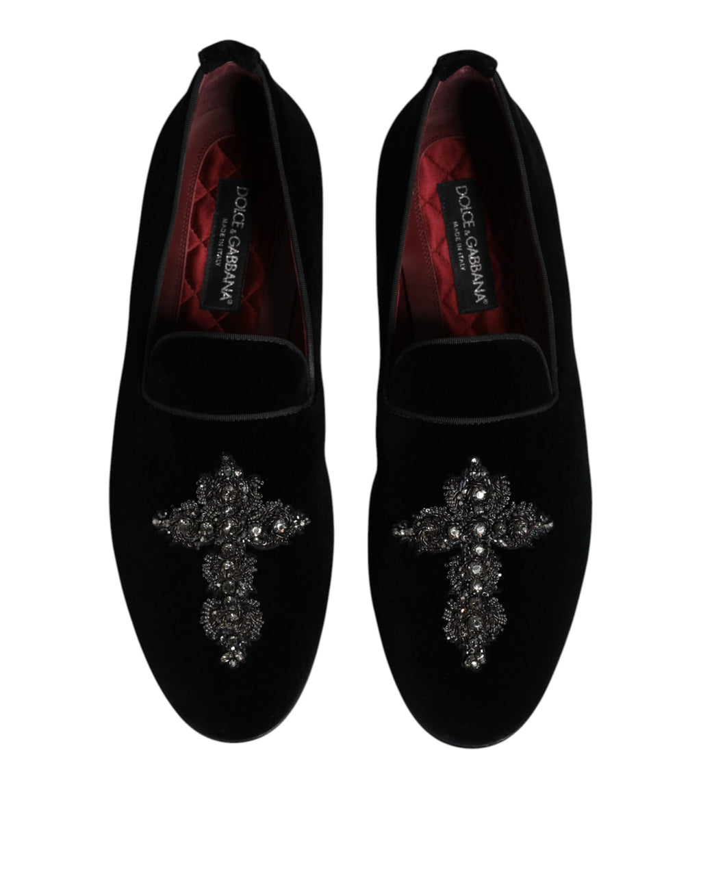 Chaussures loafers Dolce & Gabbana en velours noir avec embellissements, style slip-on, vue de face sur fond neutre.