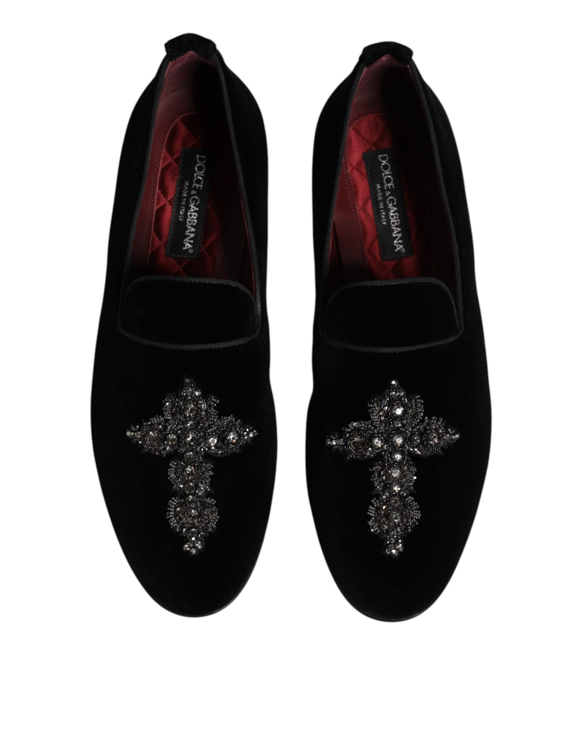 Chaussures loafers Dolce & Gabbana en velours noir avec embellissements, style slip-on, vue de face sur fond neutre.