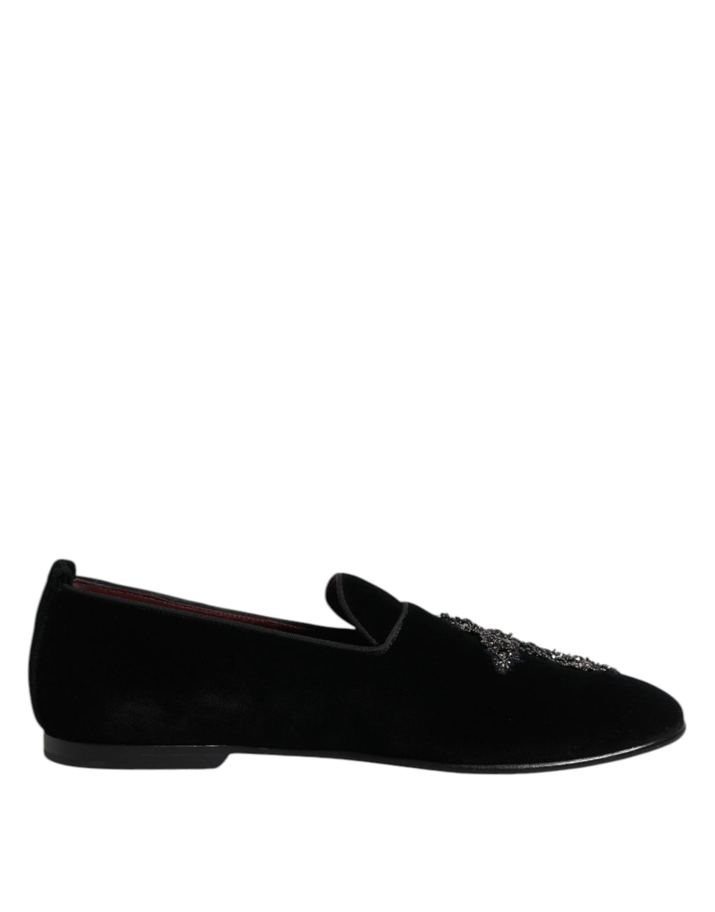 Chaussures mocassins Dolce & Gabbana en velours noir avec embellissements, type slip-on, vue en gros plan.