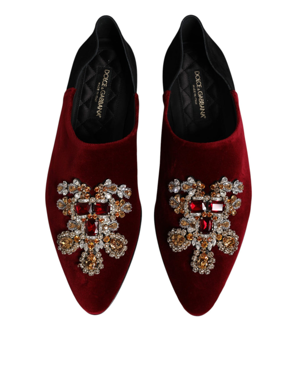 Chaussures slip-on Dolce & Gabbana en velours noir et rouge avec embellissements élégants.