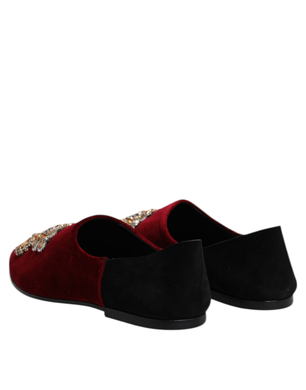 Chaussures Dolce & Gabbana en velours noir et rouge avec embellissements, style slip-on élégantes pour femmes.