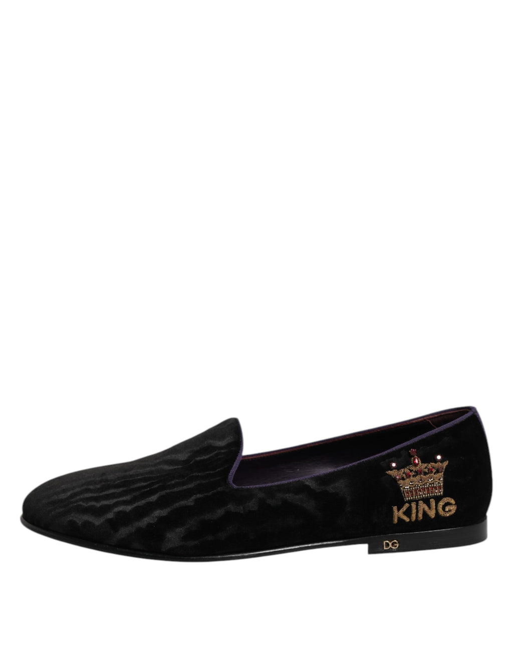 Chaussures mocassins Dolce & Gabbana noires avec broderie de couronne DG, style slip-on et talon plat.