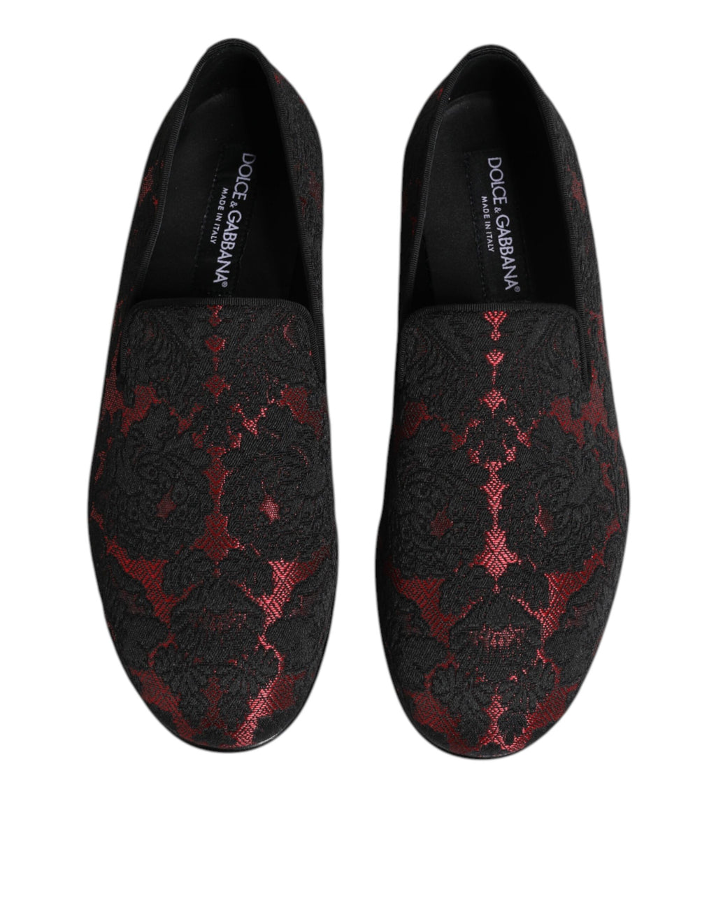 Chaussures mocassins pour homme Dolce & Gabbana en jacquard rouge et noir, style slip-on élégante et sophistiquée.