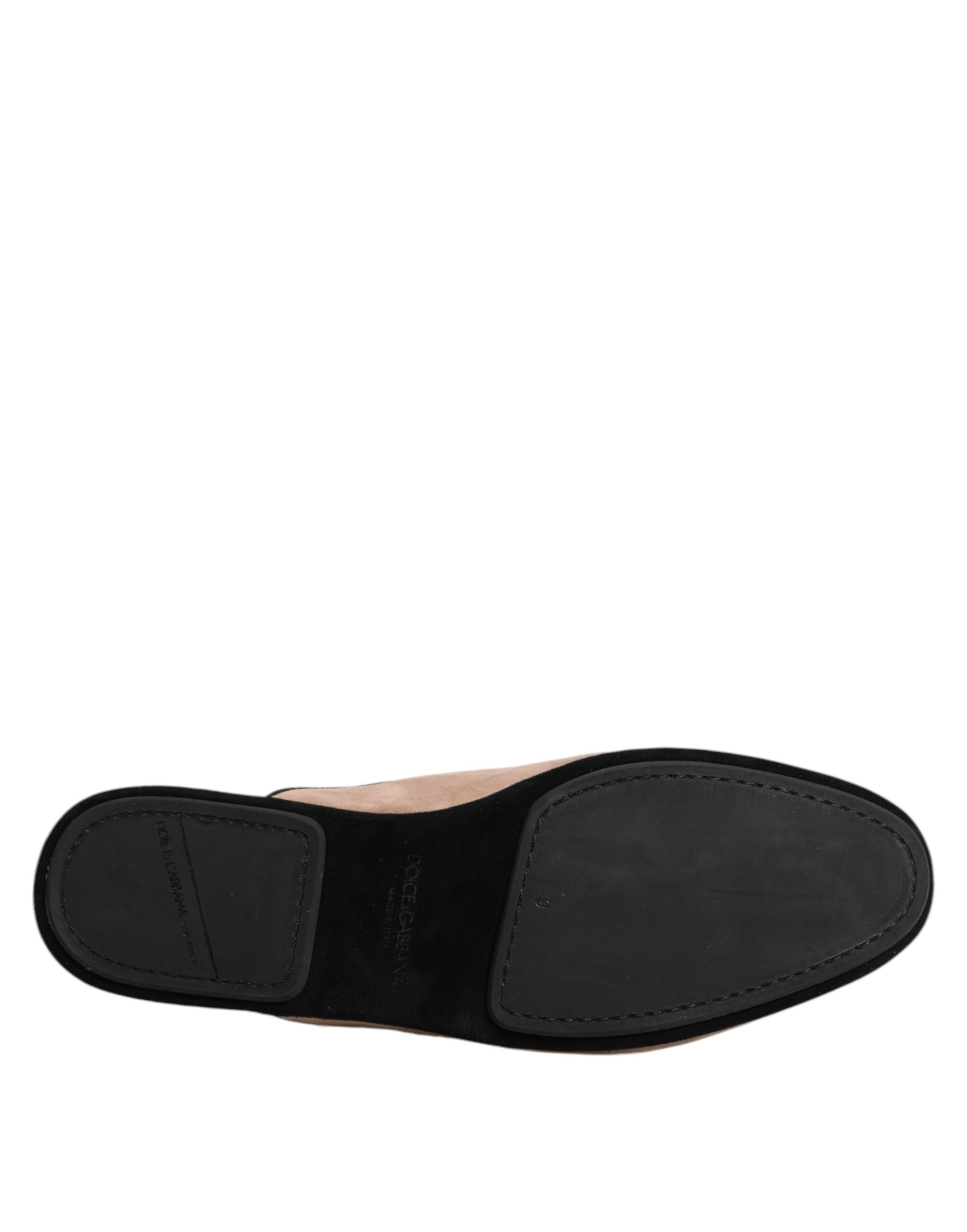 Sandales plates Dolce & Gabbana en daim beige Capra, chaussures confortables à glisser, style élégant et sophistiqué.