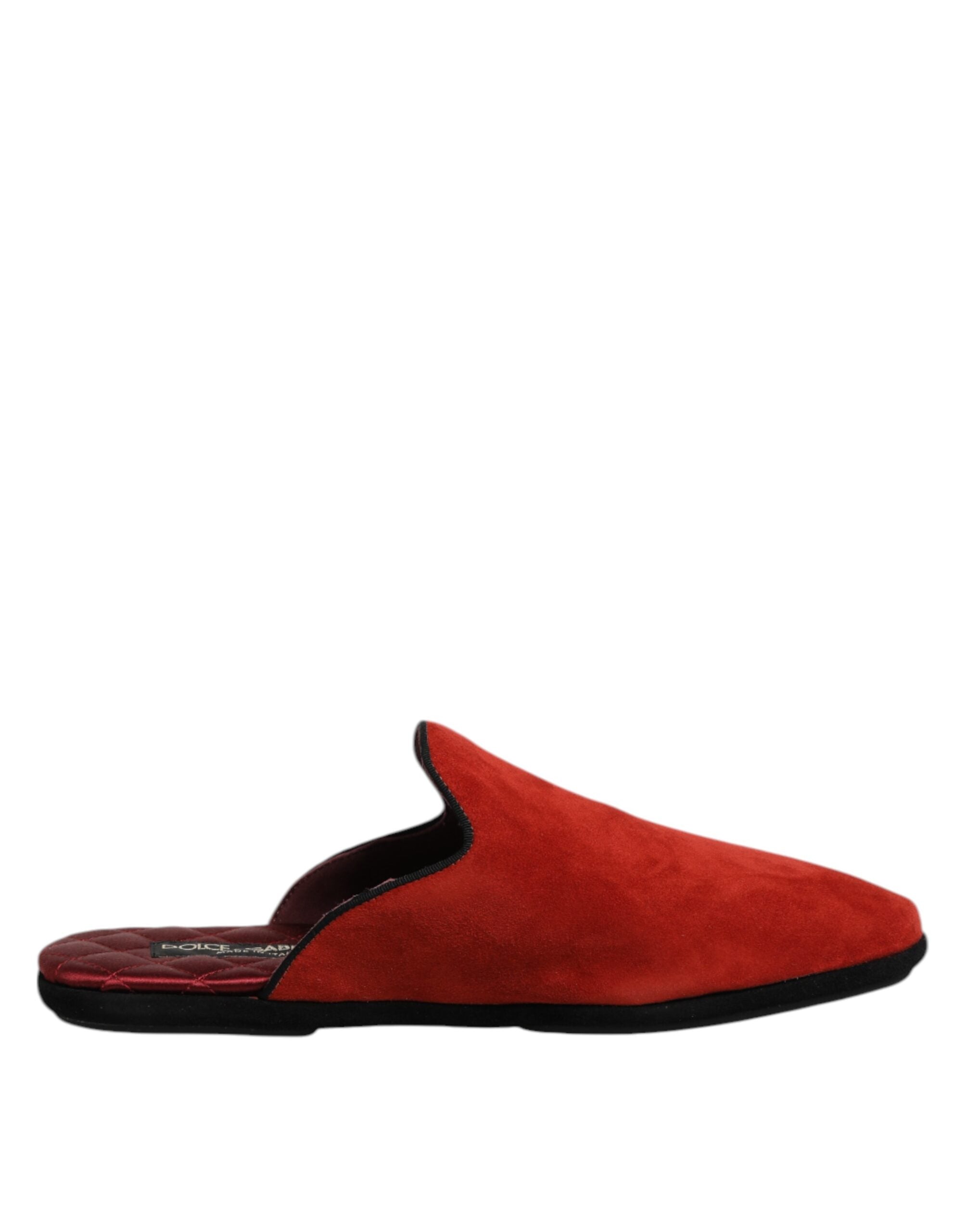 Chaussures Dolce & Gabbana en daim orange, slippers plates et confortables, vue de face avec design élégant.