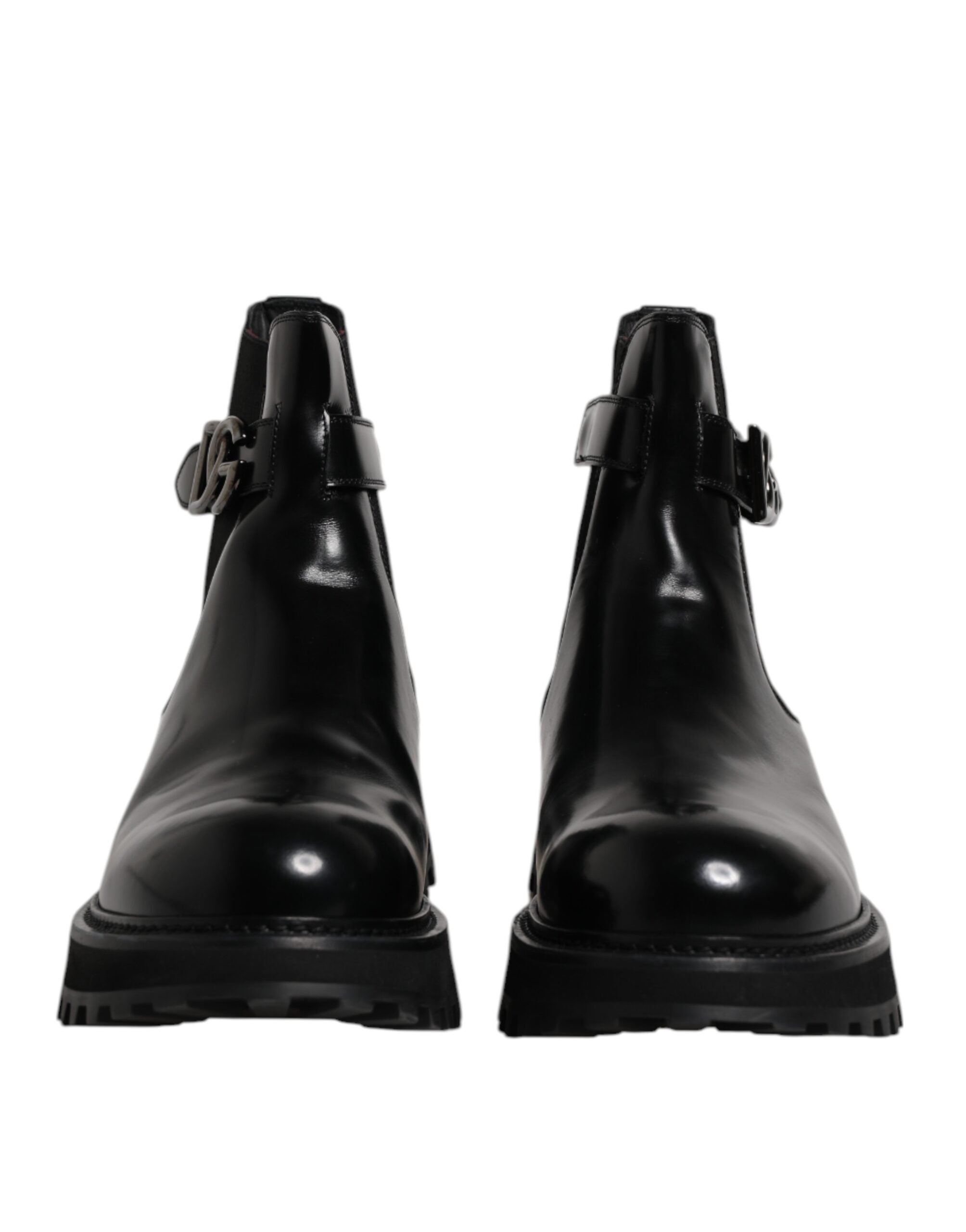Chaussures Chelsea noires Dolce & Gabbana avec boucle, logo DG, bottines élégantes pour homme, vue de face.