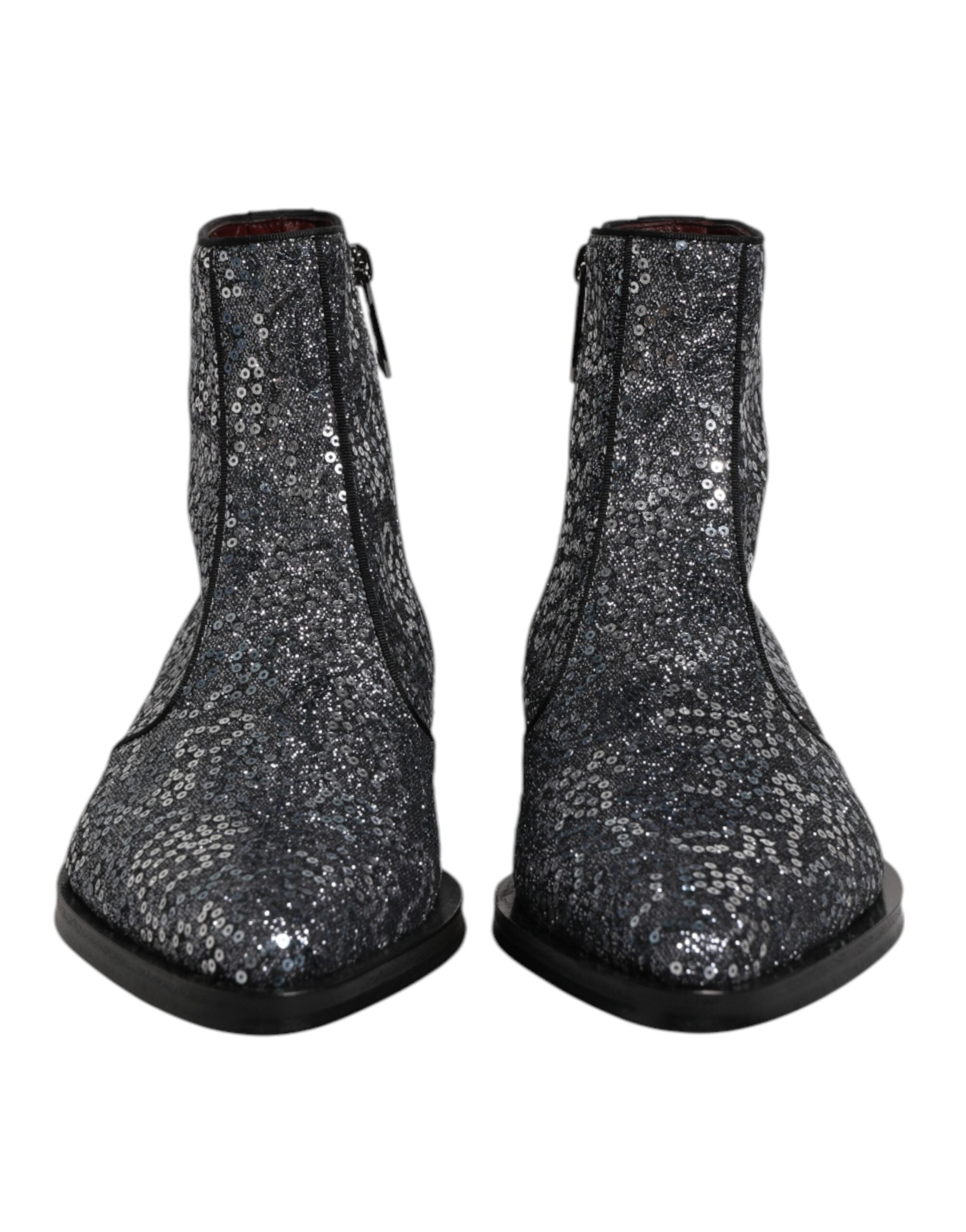 Bottes Chelsea en coton gris foncé avec sequins de Dolce & Gabbana, chaussures élégantes et sophistiquées pour femme.