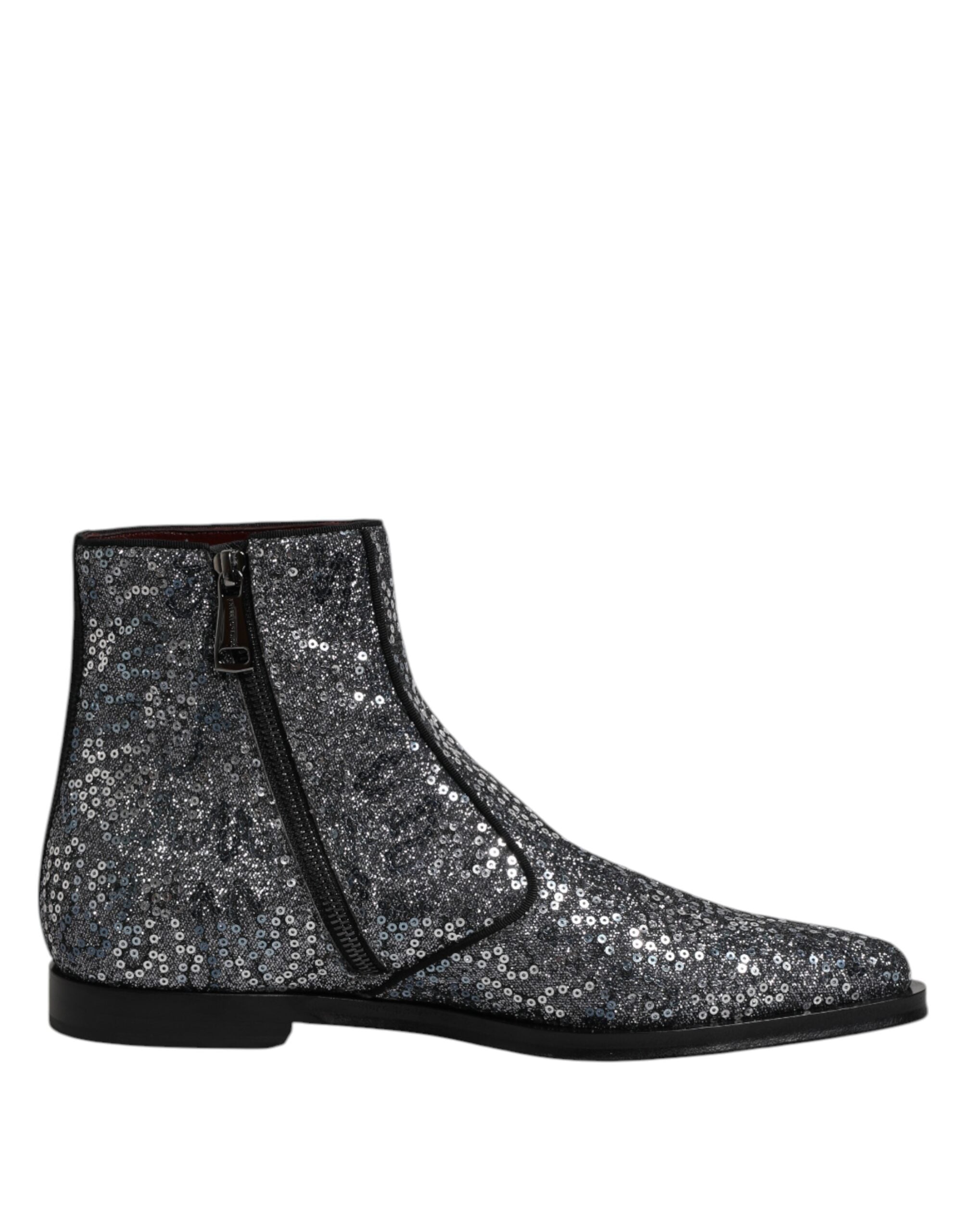 Bottes Chelsea en coton gris foncé Dolce & Gabbana avec sequins, chaussures élégantes et modernes pour femmes.