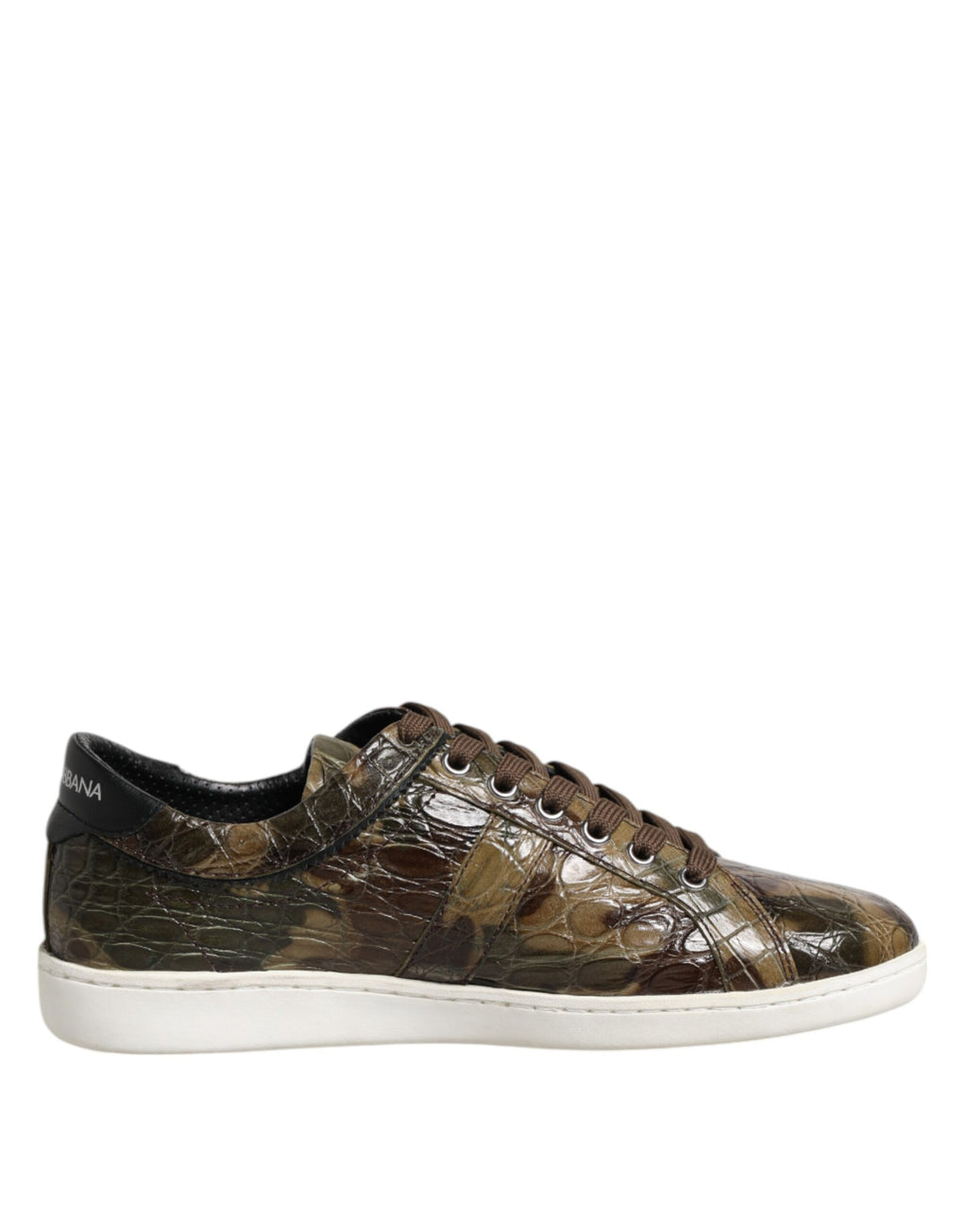 Chaussures sneakers basses Dolce & Gabbana en cuir exotique marron, vue de face avec détails du design en cuir.