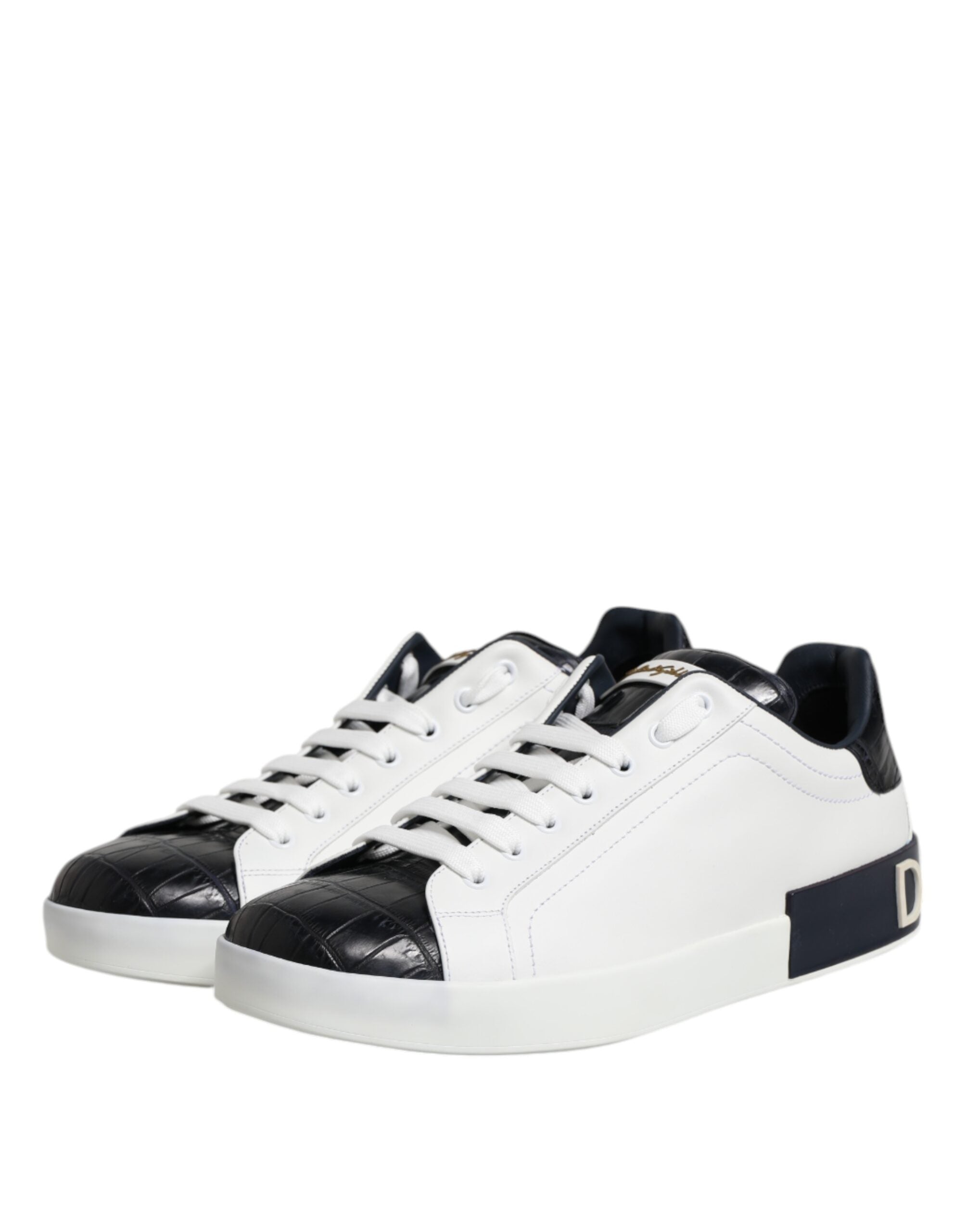 Chaussures sneakers Portofino en cuir blanc et noir de Dolce & Gabbana, vue de face.