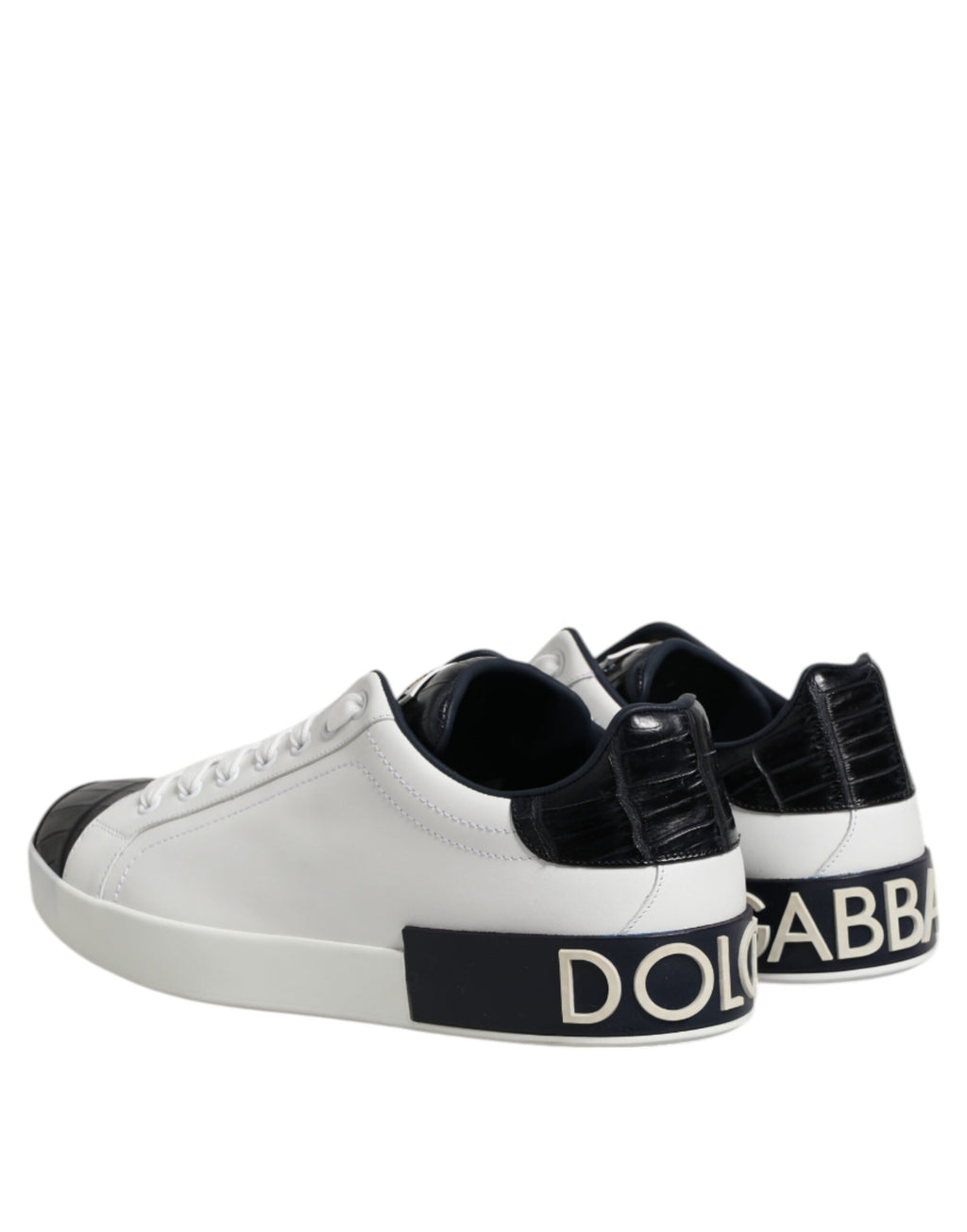 Chaussures sneakers Portofino en cuir blanc et noir de Dolce & Gabbana, vue de face.