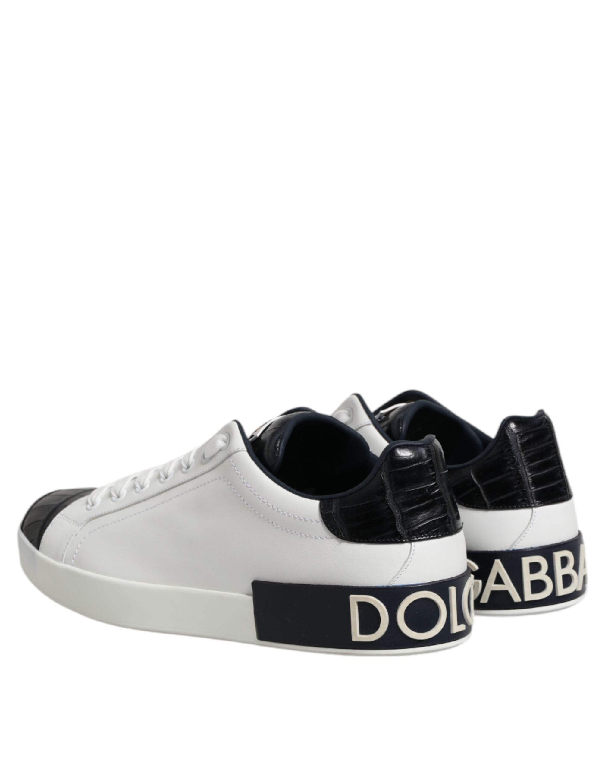 Chaussures sneakers Portofino en cuir blanc et noir de Dolce & Gabbana, vue de face.