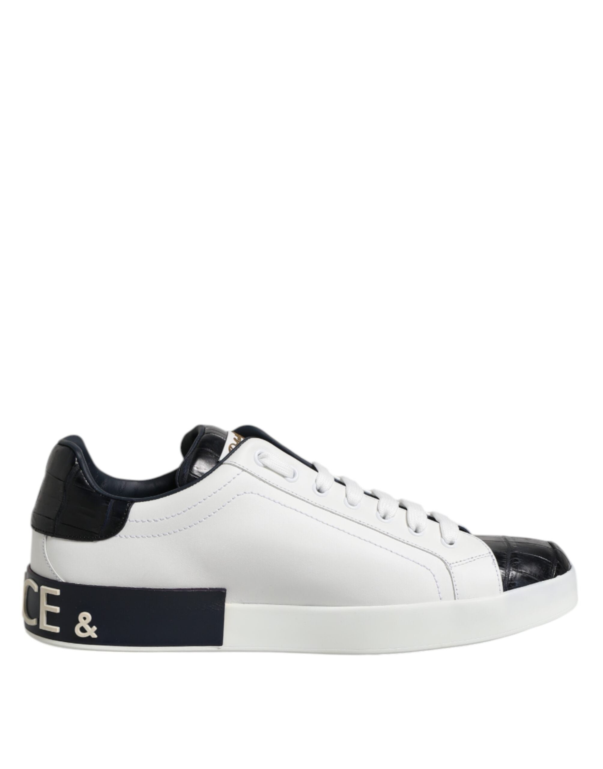 Chaussures sneakers Portofino en cuir blanc et noir de Dolce & Gabbana, vue de face, avec détails en cuir et semelle blanche.