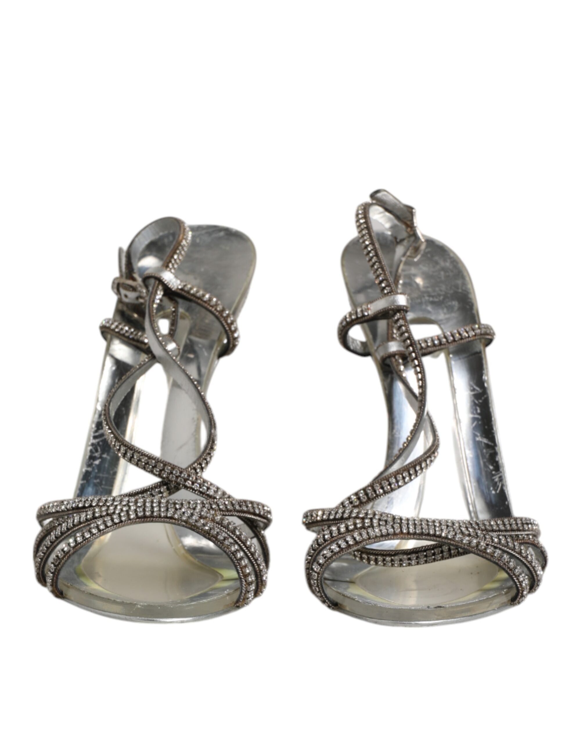 Sandales à talons Dolce & Gabbana en argent avec bride à la cheville et détails en strass, chaussures élégantes pour femmes.