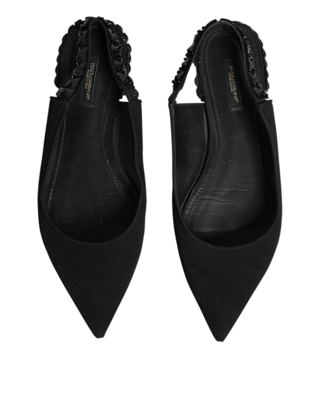 Chaussures Dolce & Gabbana en satin noir avec cristaux, sandales à talons slingback élégantes et sophistiquées.