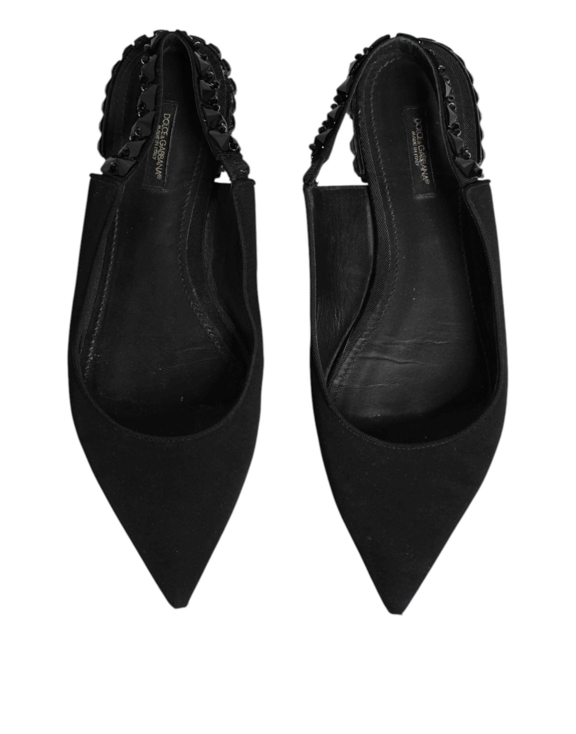 Chaussures Dolce & Gabbana en satin noir avec cristaux, sandales à talons slingback élégantes et sophistiquées.
