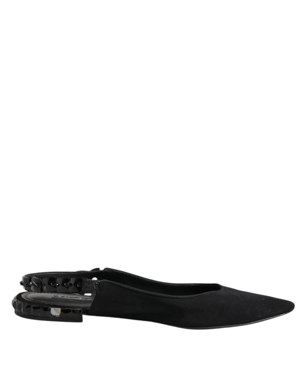 Chaussures à talons en satin noir Dolce & Gabbana avec cristaux, style slingback élégant et sophistiqué.