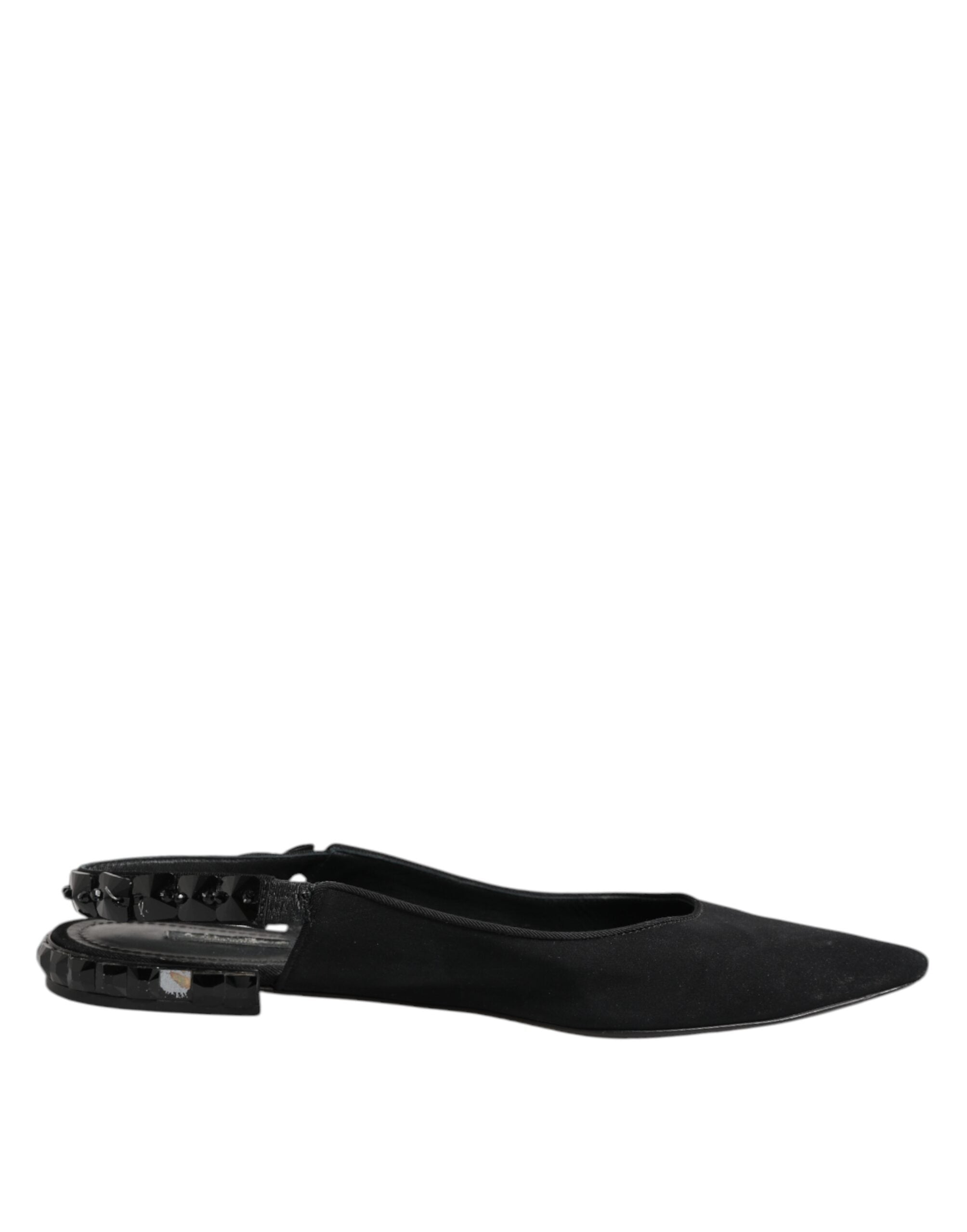 Chaussures à talons en satin noir Dolce & Gabbana avec cristaux, style slingback élégant et sophistiqué.