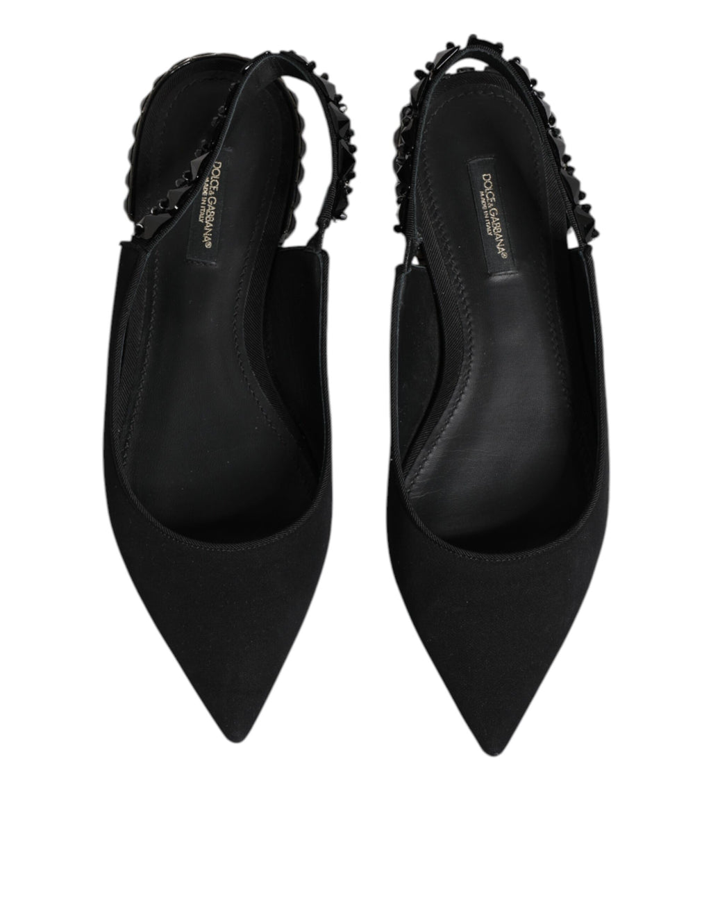 Chaussures slingback Dolce & Gabbana en crêpe de chine noir avec cristaux, élégantes et sophistiquées.