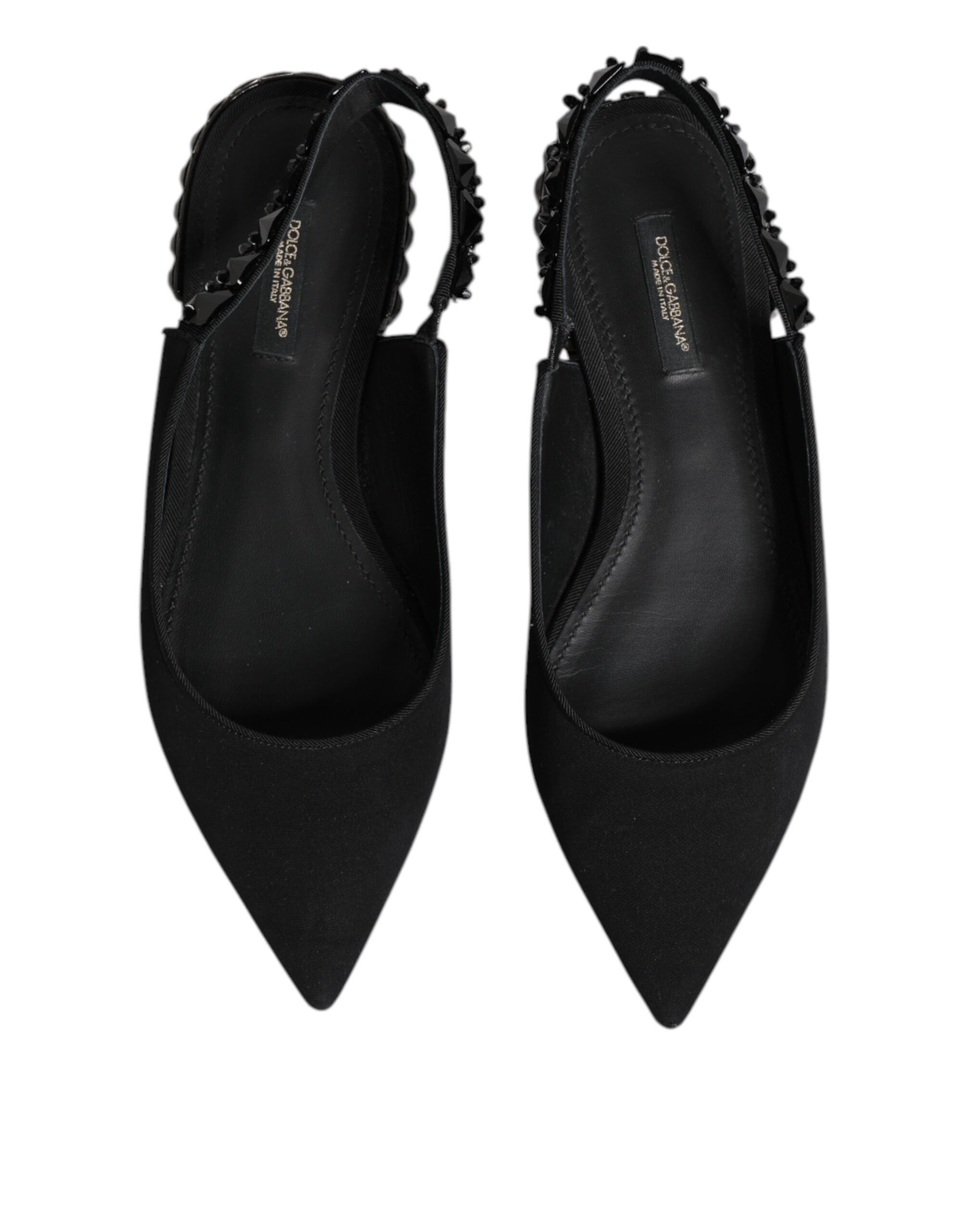 Chaussures slingback Dolce & Gabbana en crêpe de chine noir avec cristaux, élégantes et sophistiquées.