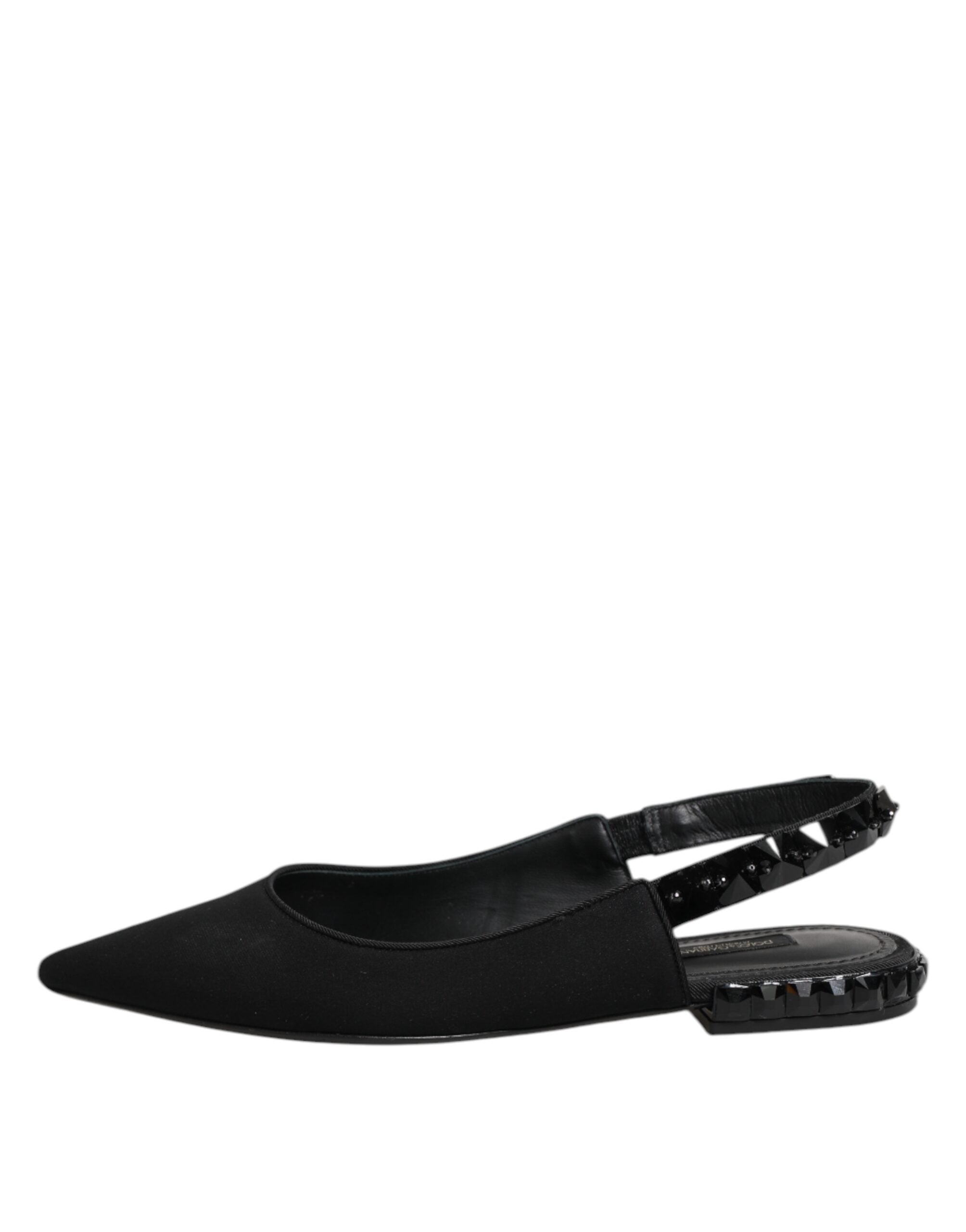 Chaussures à talons en satin noir Dolce & Gabbana avec cristaux, modèle slingback élégant et sophistiqué.