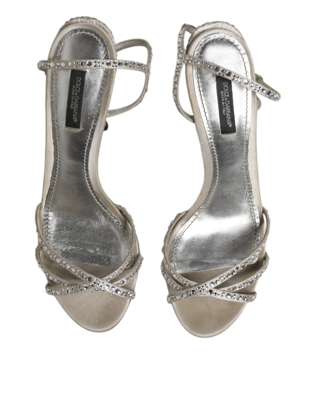 Sandales à talons Dolce & Gabbana KEIRA en argent avec bride à la cheville et strass, élégantes chaussures de soirée.