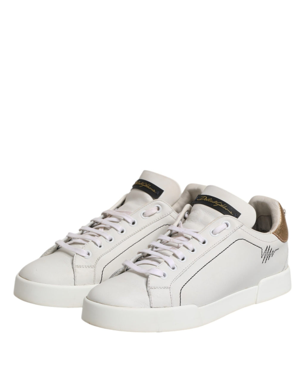 Chaussures sneakers basses en cuir blanc et or Dolce & Gabbana, chaussures de mode élégantes pour homme.