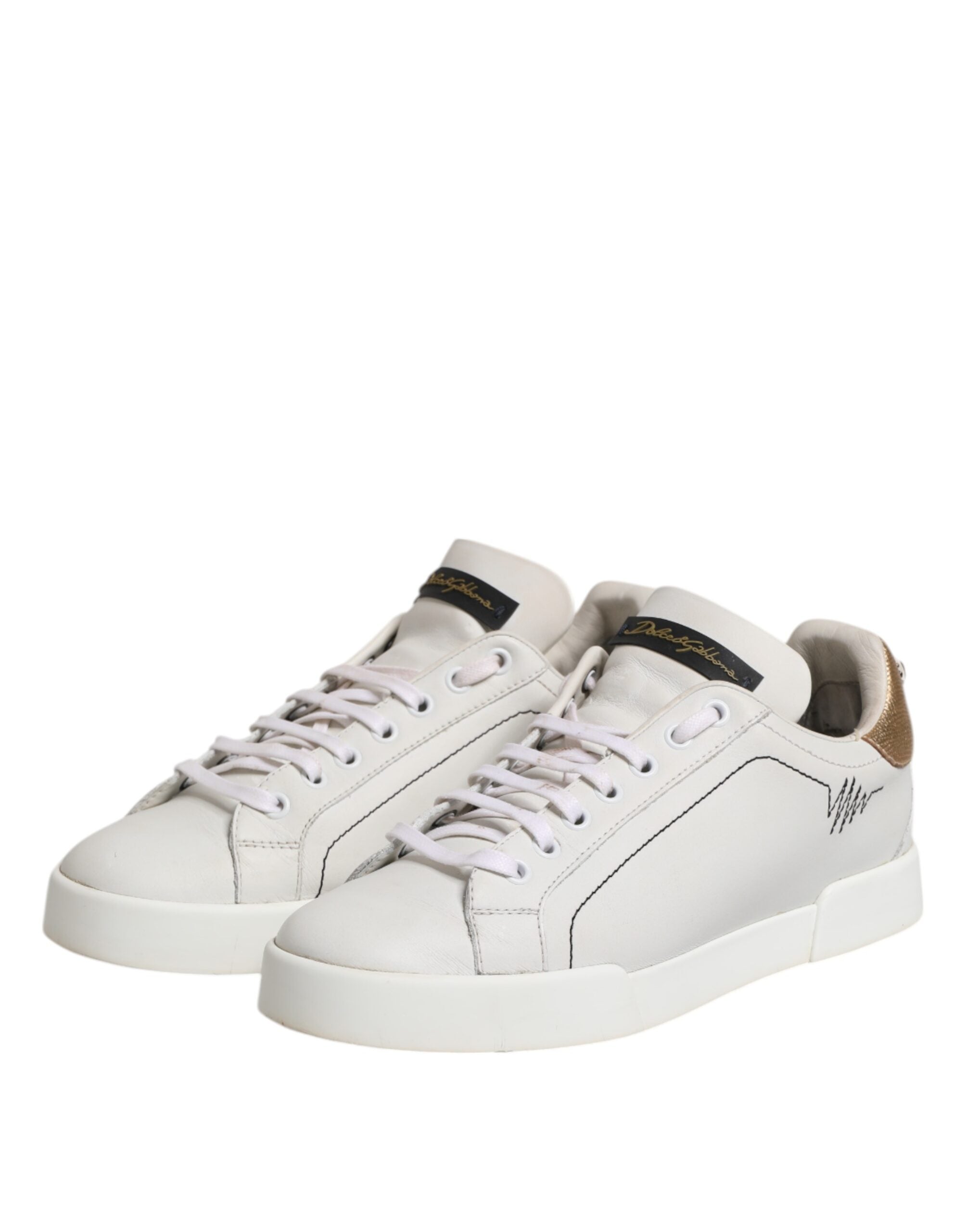 Chaussures sneakers basses en cuir blanc et or Dolce & Gabbana, chaussures de mode élégantes pour homme.