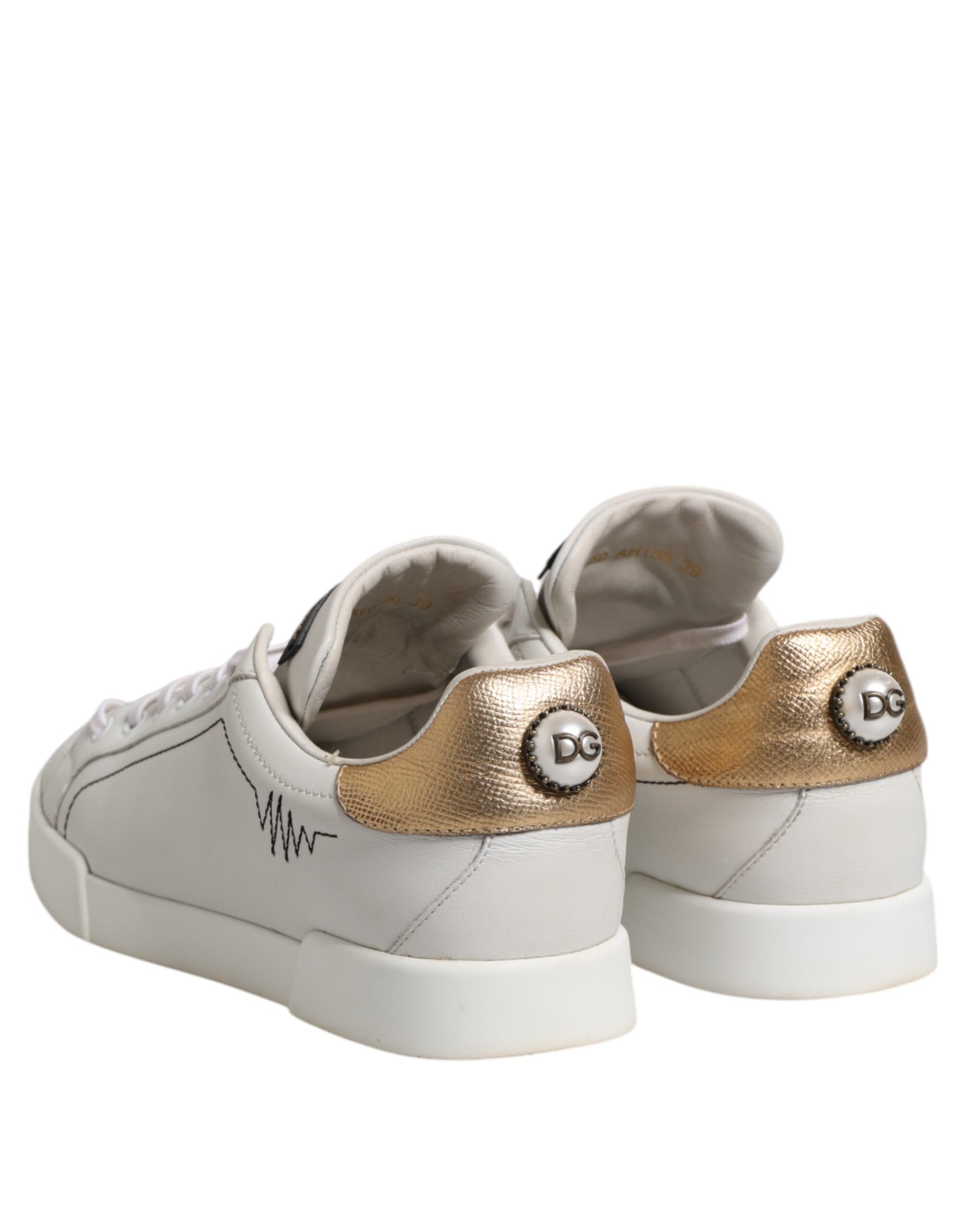Chaussures sneakers basses en cuir blanc et or Dolce & Gabbana, chaussures élégantes pour homme ou femme.