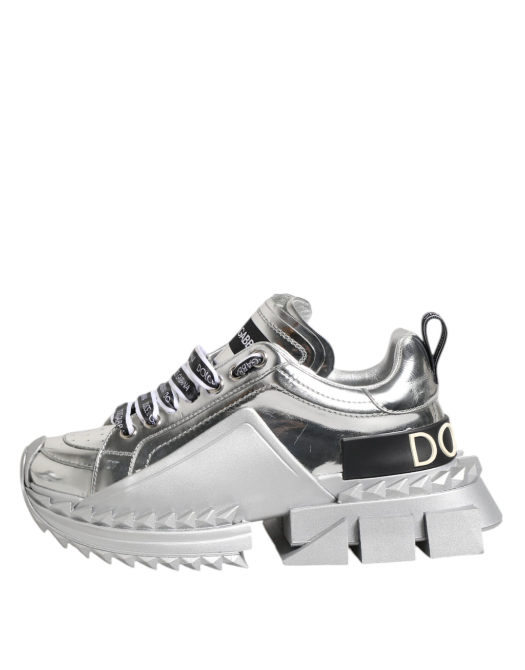 Sneakers Super Queen en cuir argenté de Dolce & Gabbana, chaussures de mode pour femmes, vue de face.