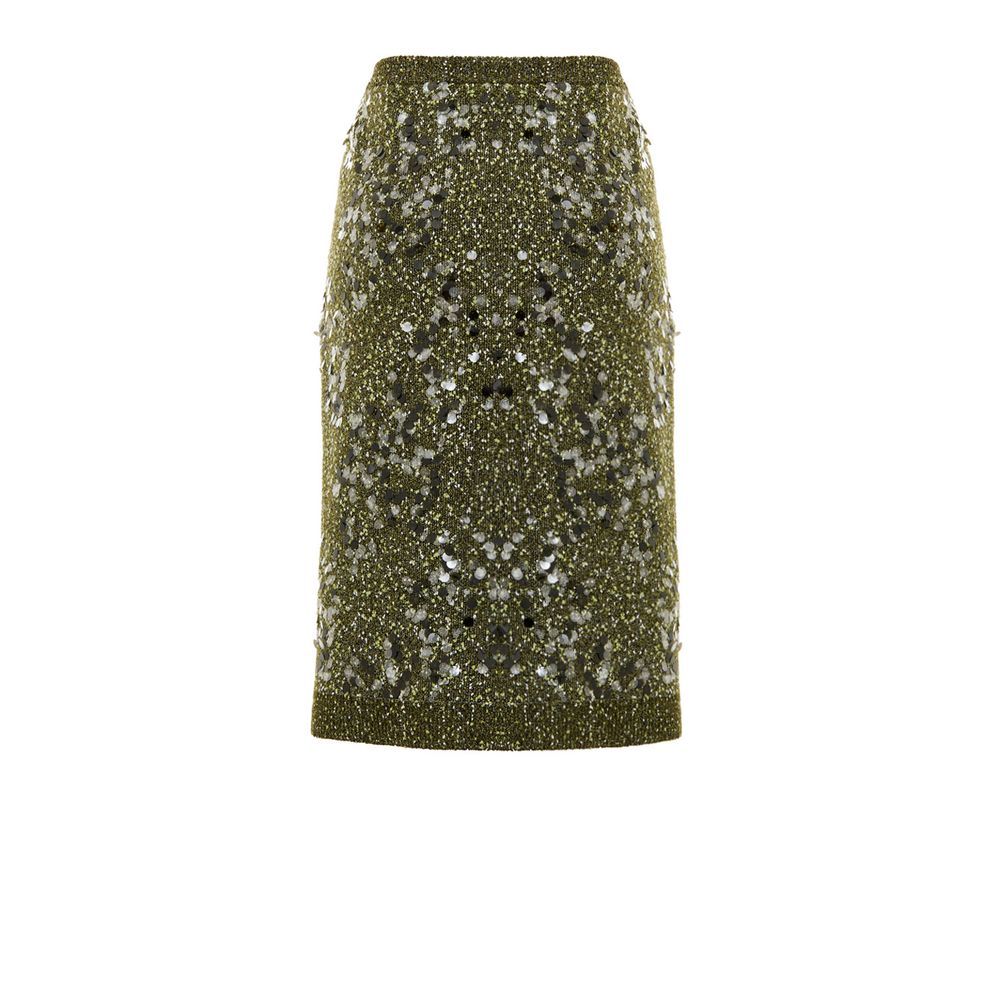 Mini jupe en viscose verte Gucci, vue frontale avec détails de couture et coupe ajustée.