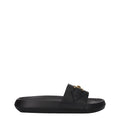 Pantoufles en cuir noir Versace, chaussures élégantes pour homme avec logo distinctif, visibles sur l'image.