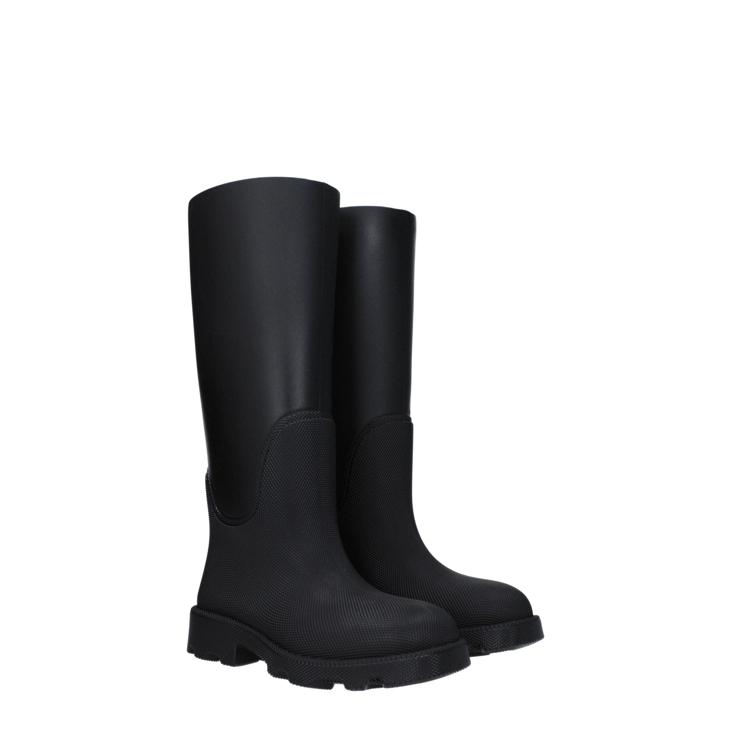 Bottes de pluie en coton noir Burberry, résistantes à l'eau avec logo emblématique, pour un look élégant et pratique.