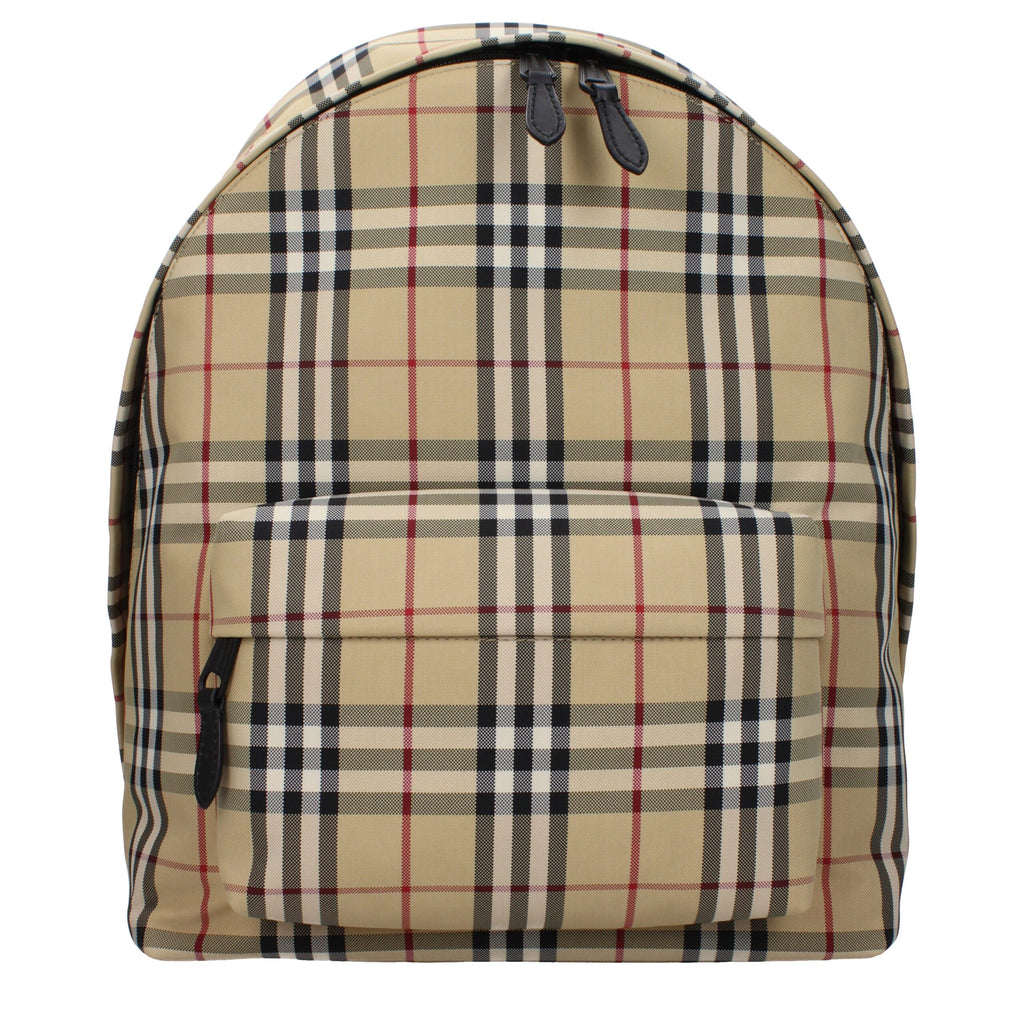 Sac à dos en tissu beige de la marque Burberry, avec logo emblématique et détails élégants.