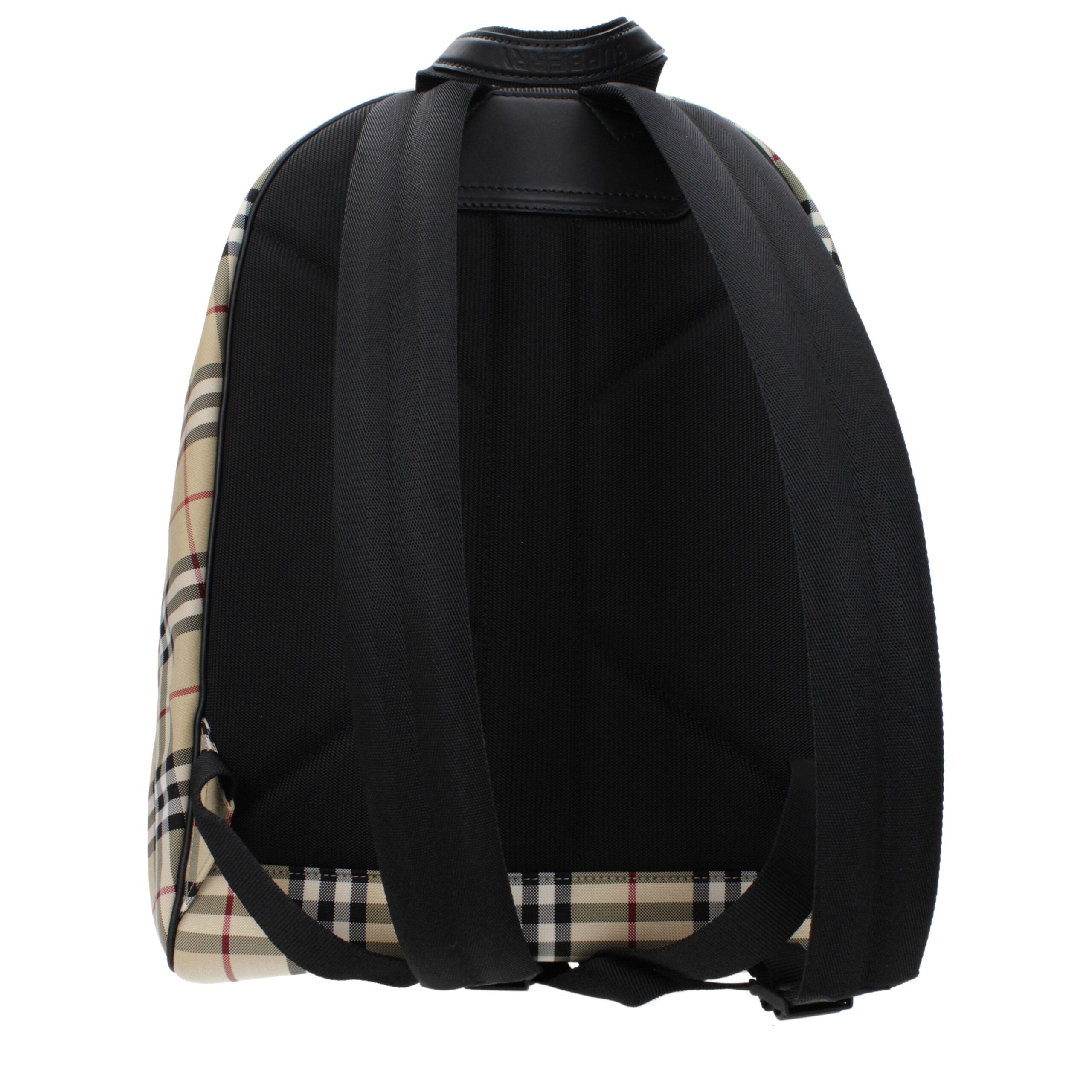 Sac à dos en tissu beige de la marque Burberry, avec logo emblématique, poignées en cuir et design élégant.