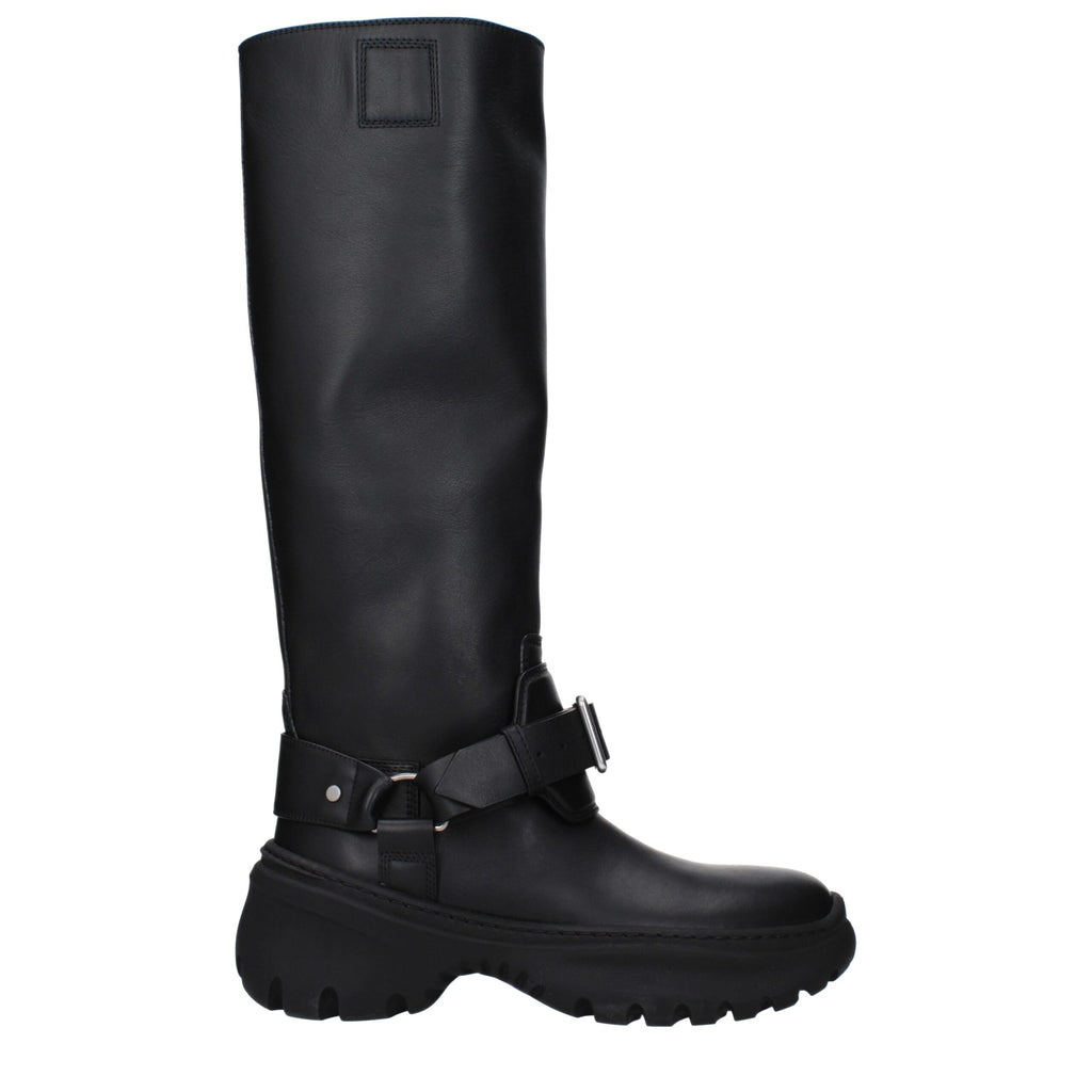 Bottes en cuir noir Burberry pour femmes, style élégant, avec semelle en caoutchouc et détails sophistiqués.