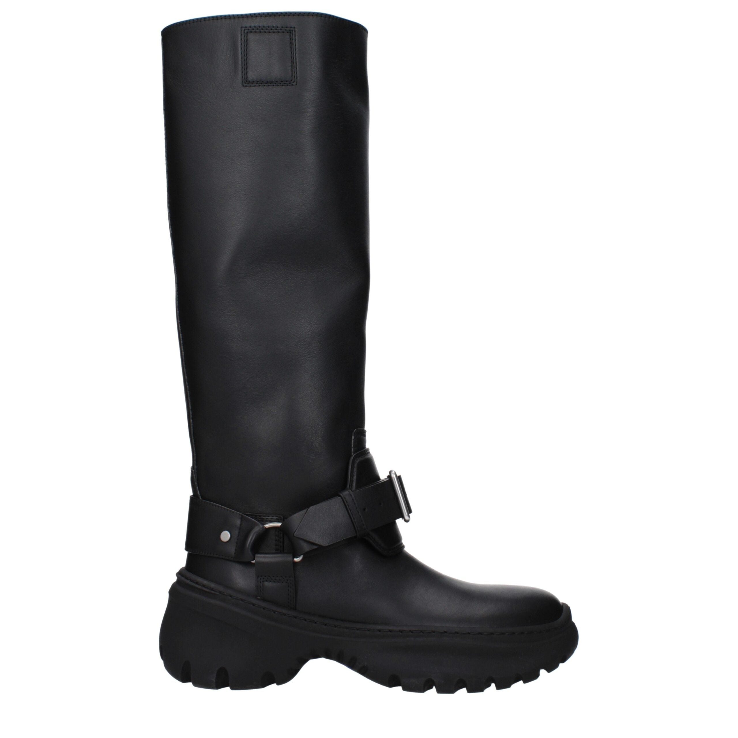 Bottes en cuir noir Burberry pour femmes, style élégant, avec semelle en caoutchouc et détails sophistiqués.