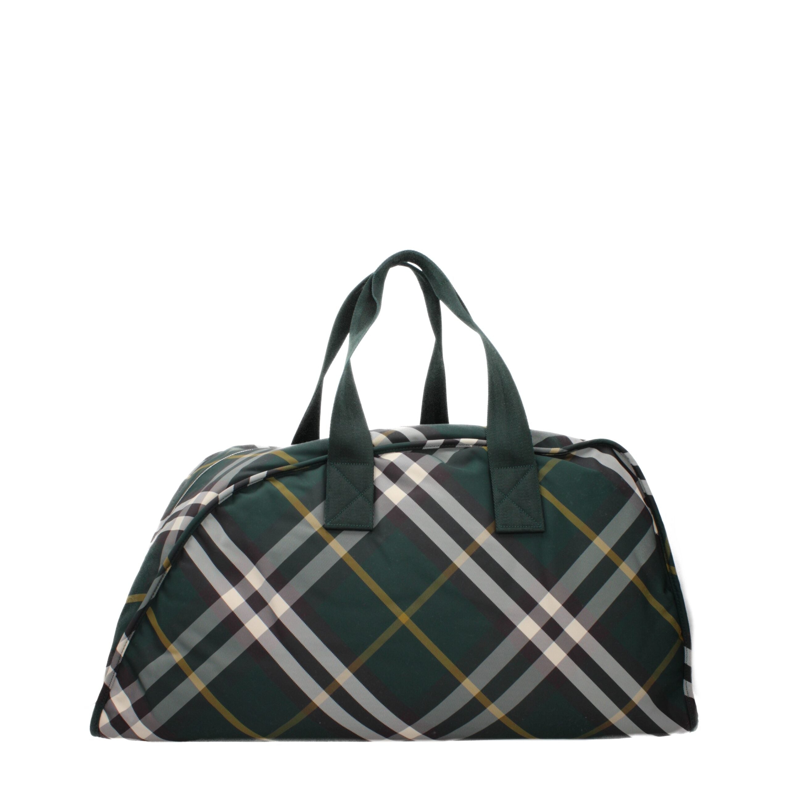 Valise en tissu vert Burberry pour voyage et bagages, avec logo emblématique et poignées robustes.