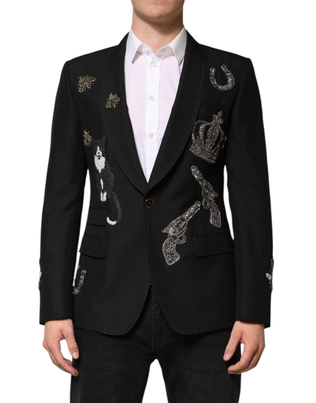 Costume blazer noir Dolce & Gabbana avec motif abeille couronne embellie, élégant et sophistiqué, porté sur un mannequin.