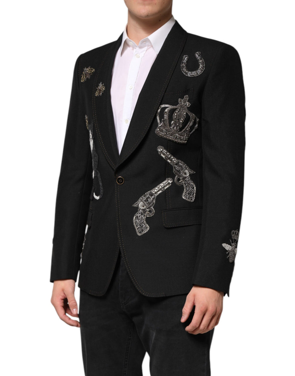 Blazer noir Dolce & Gabbana avec couronne d'abeilles ornée de détails brillants, veste élégante pour homme.