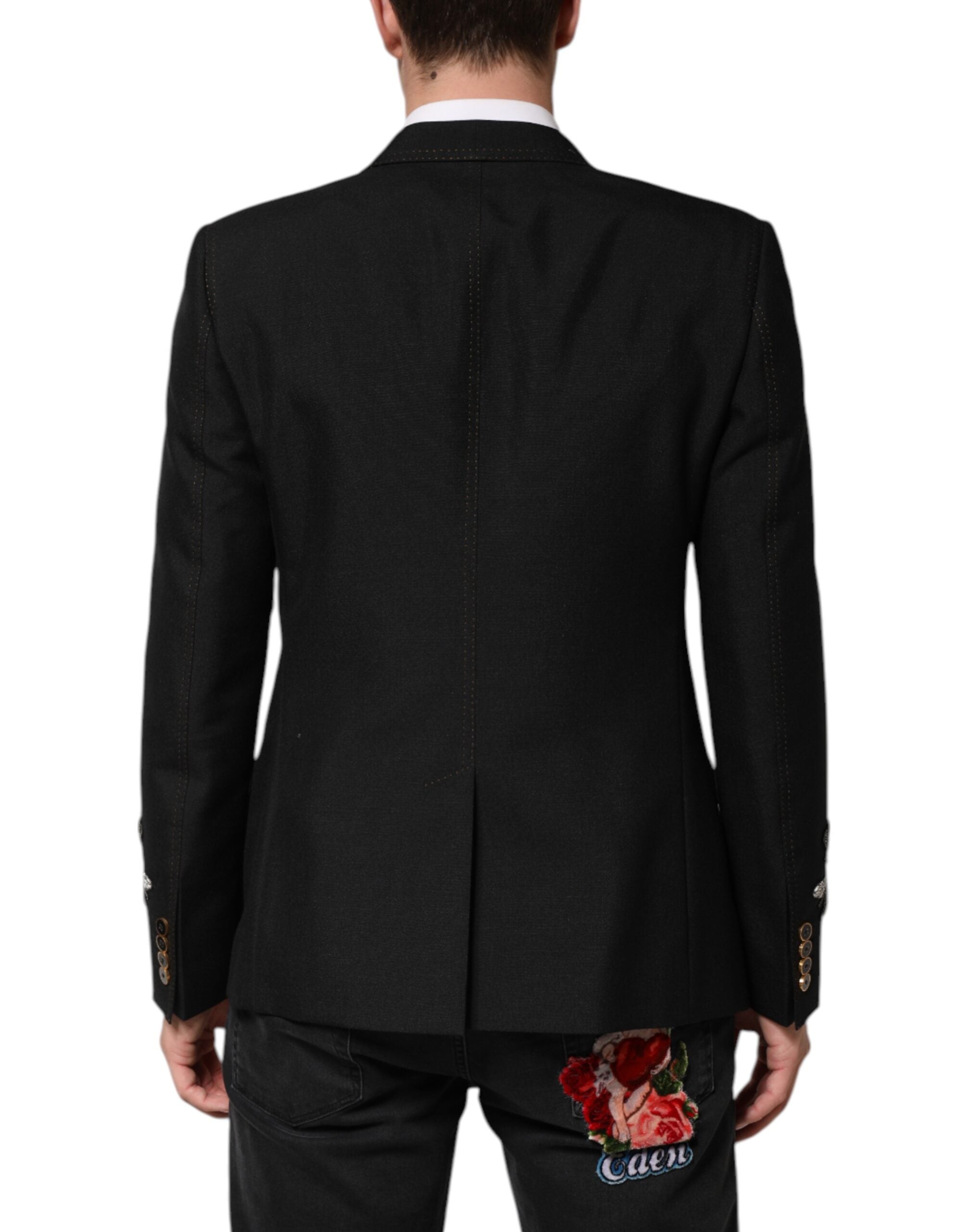 Costume blazer noir Dolce & Gabbana avec broderie de couronne et abeilles, élégance sophistiquée pour homme.