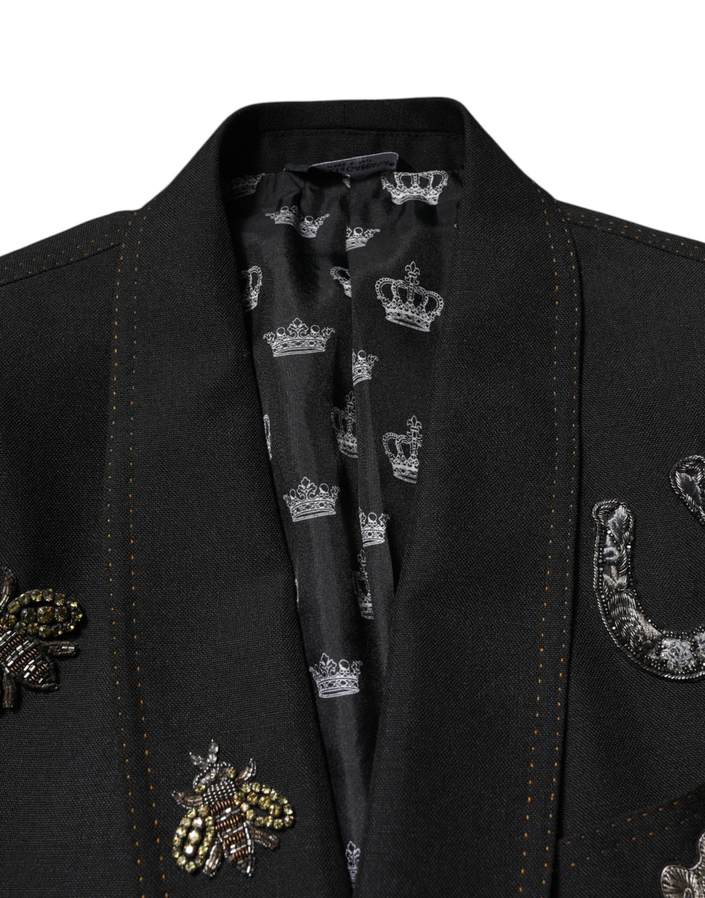 Costume blazer noir Dolce & Gabbana avec broderie de couronne d'abeille et détails ornés, élégant et sophistiqué.