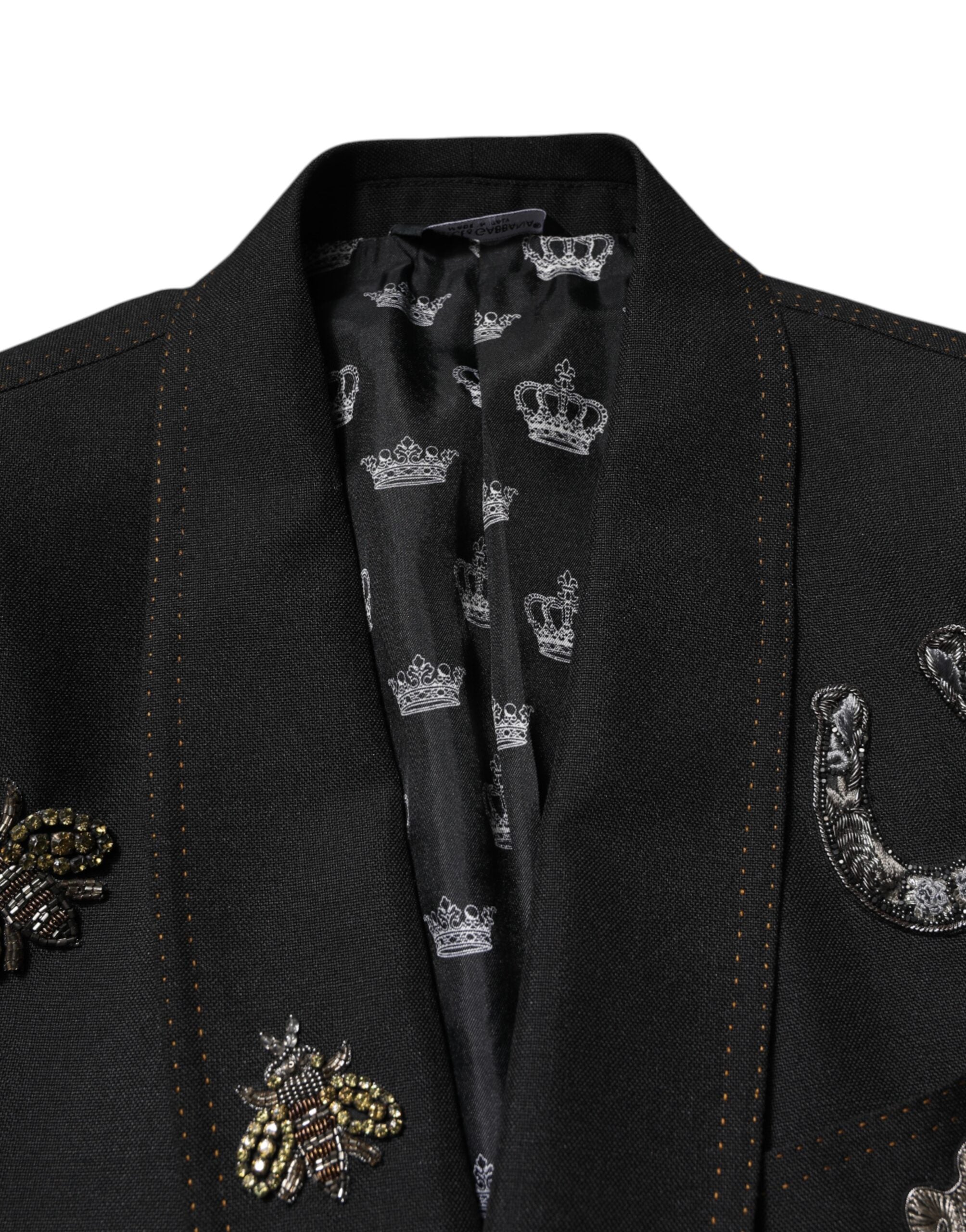 Costume blazer noir Dolce & Gabbana avec broderie de couronne d'abeille et détails ornés, élégant et sophistiqué.