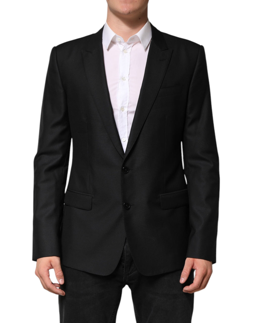 Veste blazer en laine noire de Dolce & Gabbana, coupe simple boutonnage, élégante et classique pour hommes.