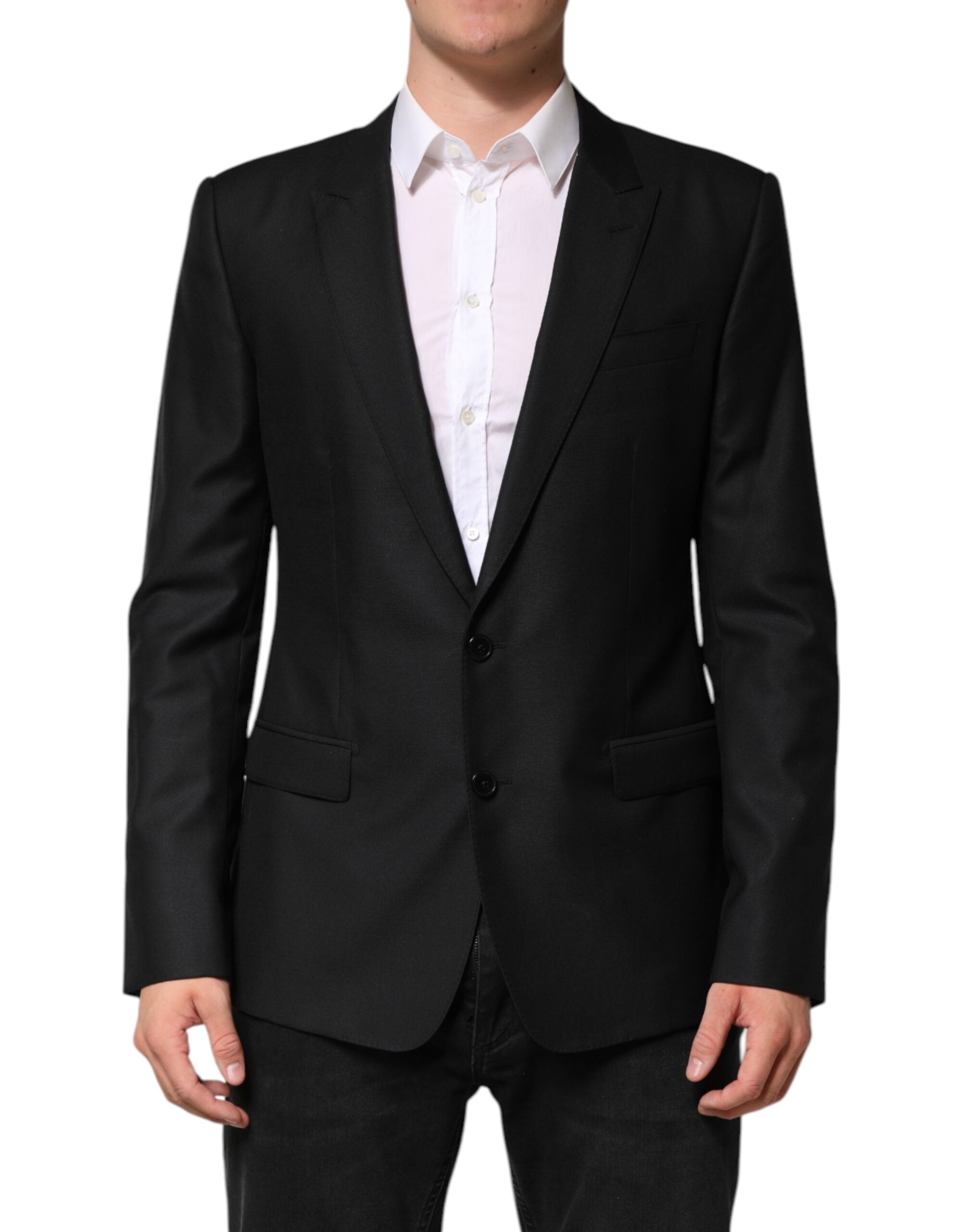 Veste blazer en laine noire de Dolce & Gabbana, coupe simple boutonnage, élégante et classique pour hommes.